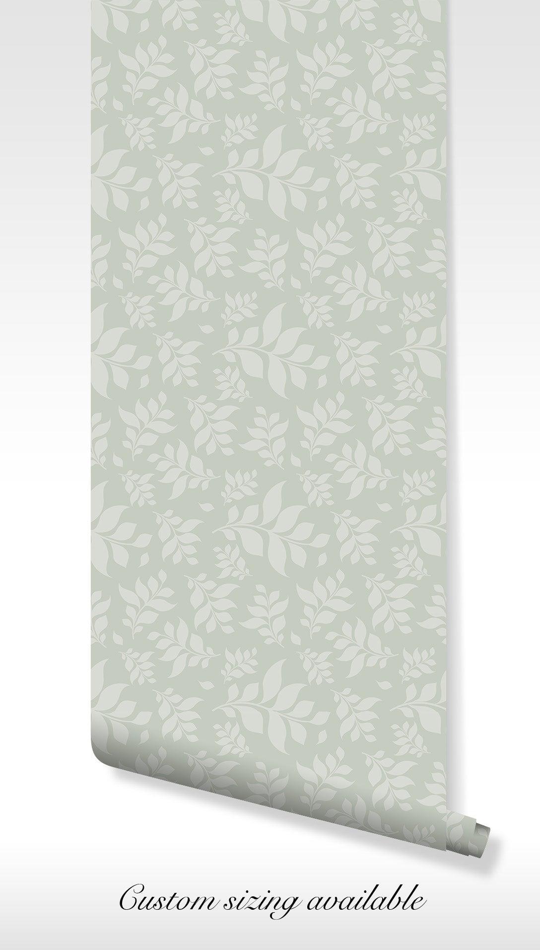 Green Botanical Leaf Motif Wallpaper - Temporary Peel and Stick - Sage Elegant Nature Soft BV315