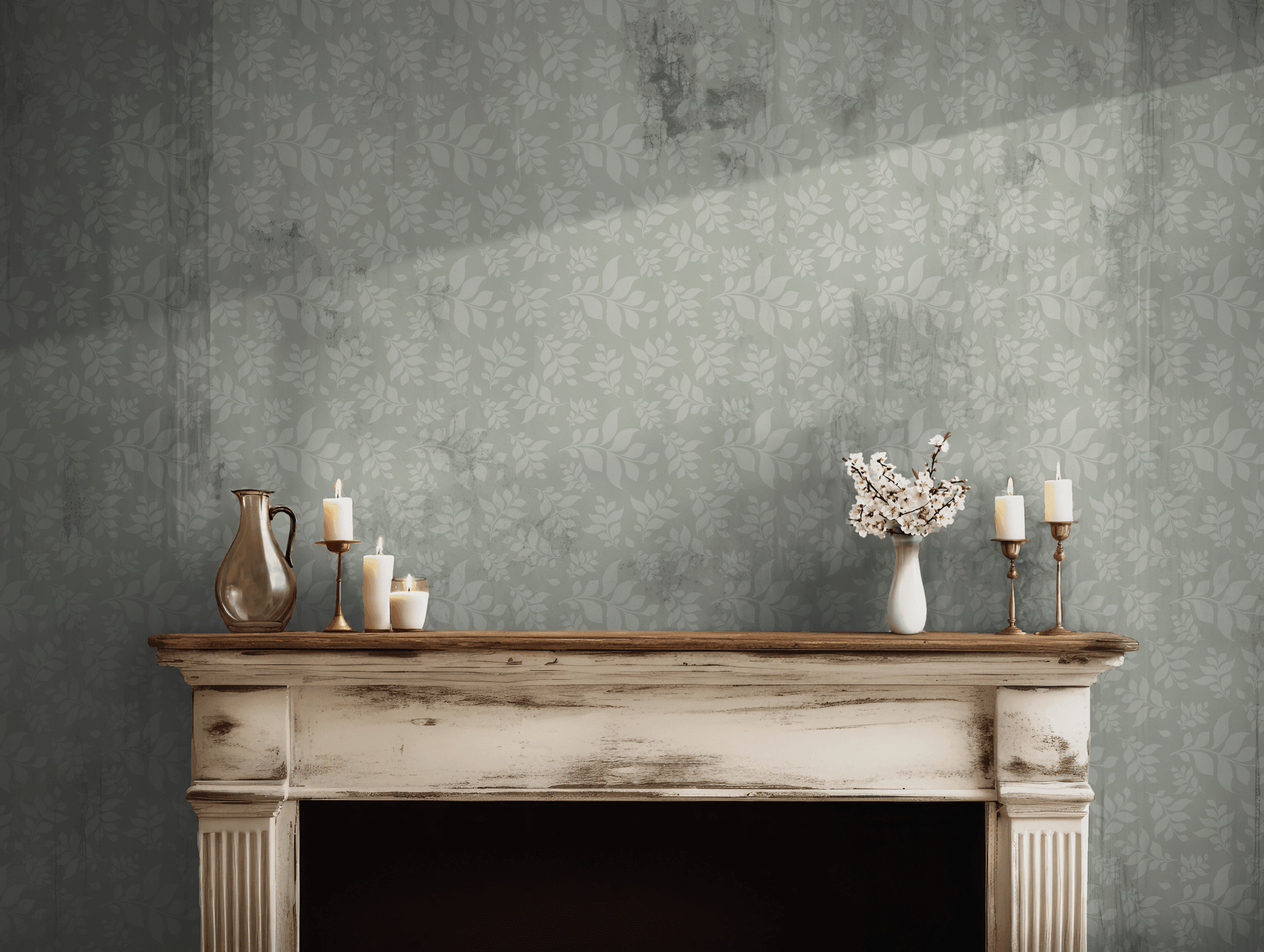 Green Botanical Leaf Motif Wallpaper - Temporary Peel and Stick - Sage Elegant Nature Soft BV315