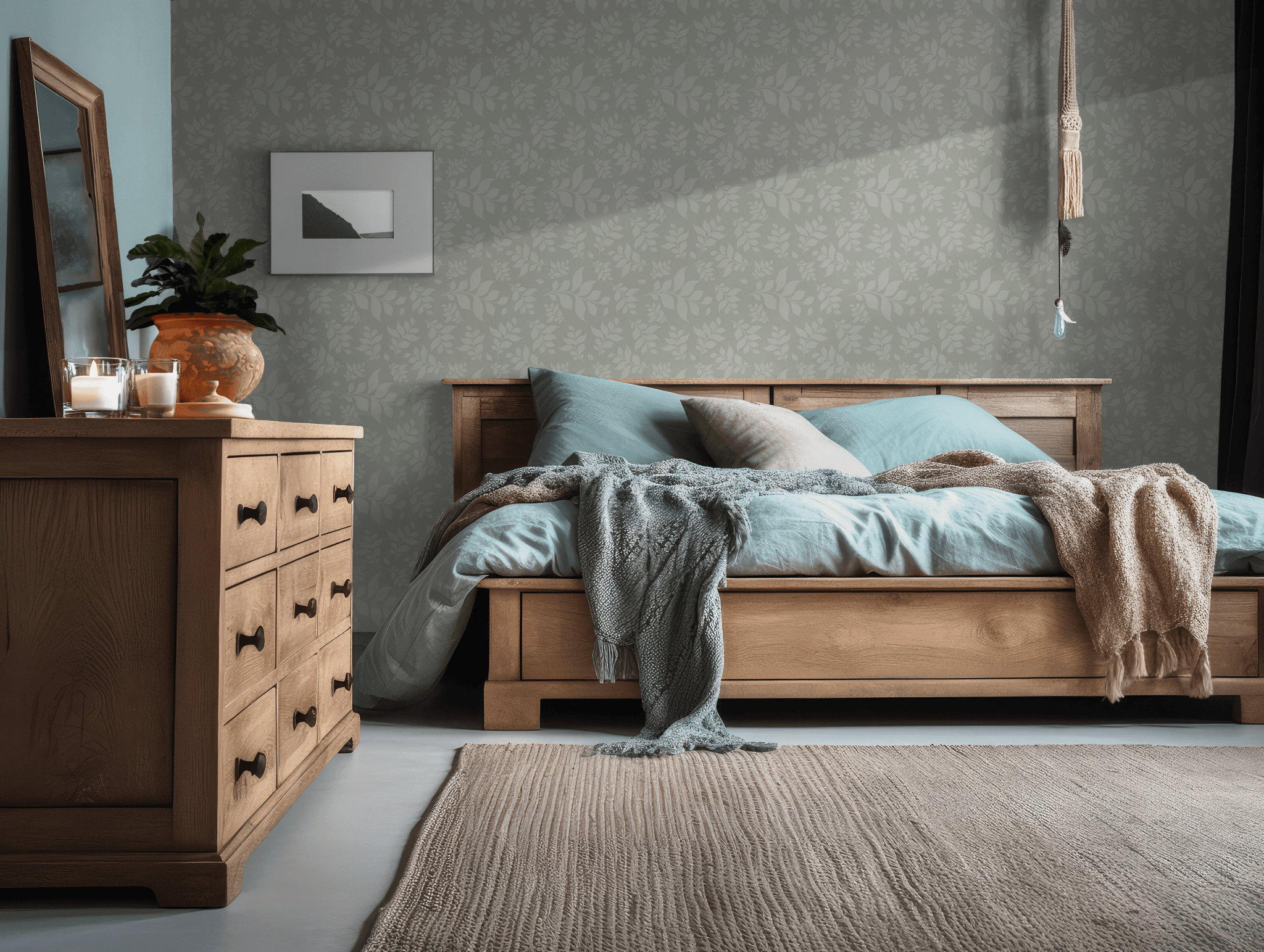 Green Botanical Leaf Motif Wallpaper - Temporary Peel and Stick - Sage Elegant Nature Soft BV315