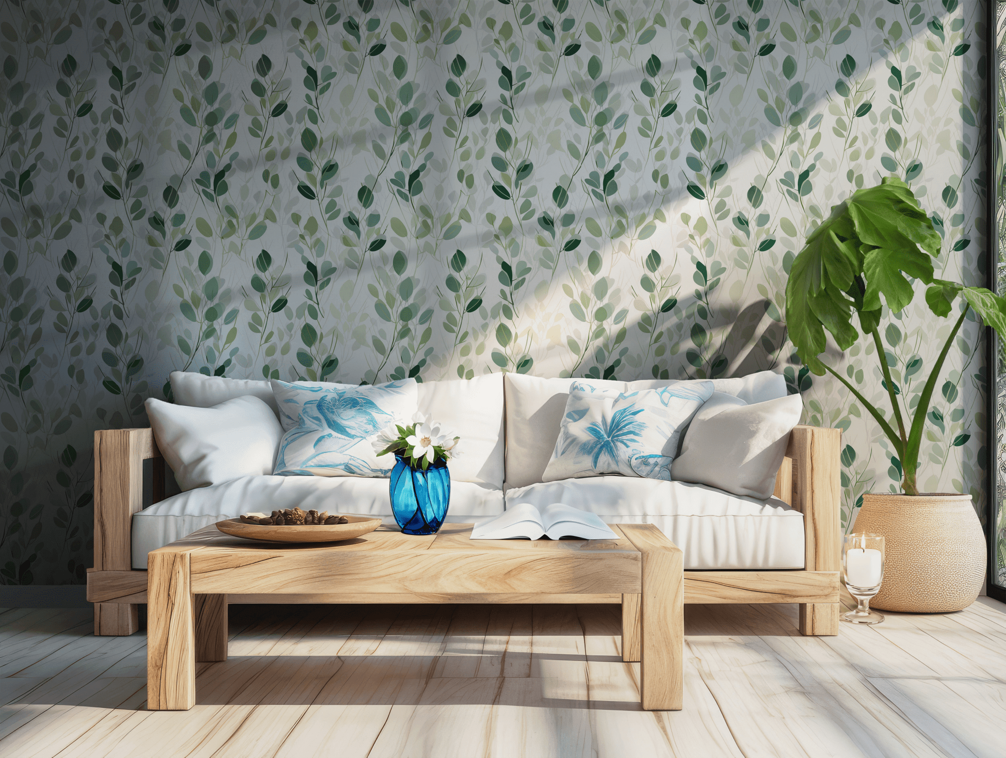 Green Dark Wallpaper - Self Adhesive - Eucalyptus Shades Botanical Leaves Foliage Watercolor BV327