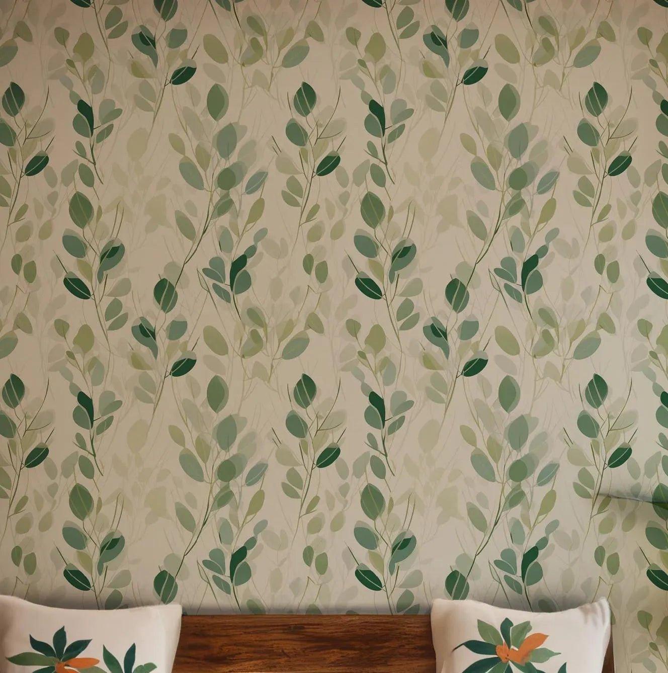 Green Dark Wallpaper - Self Adhesive - Eucalyptus Shades Botanical Leaves Foliage Watercolor BV327