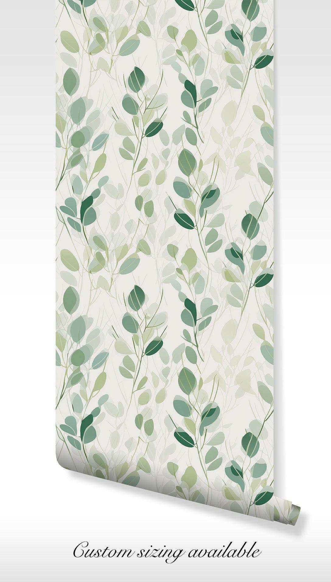 Green Dark Wallpaper - Self Adhesive - Eucalyptus Shades Botanical Leaves Foliage Watercolor BV327