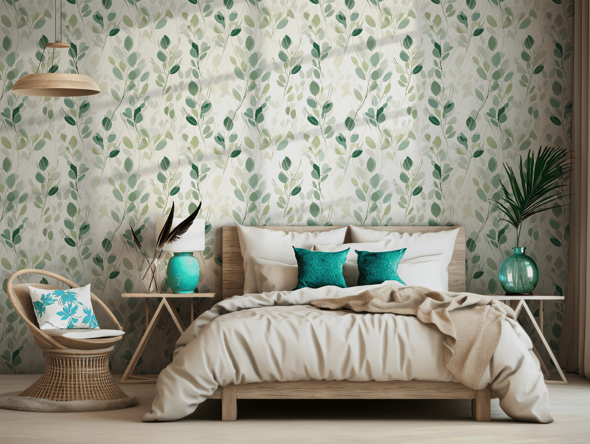 Green Dark Wallpaper - Self Adhesive - Eucalyptus Shades Botanical Leaves Foliage Watercolor BV327