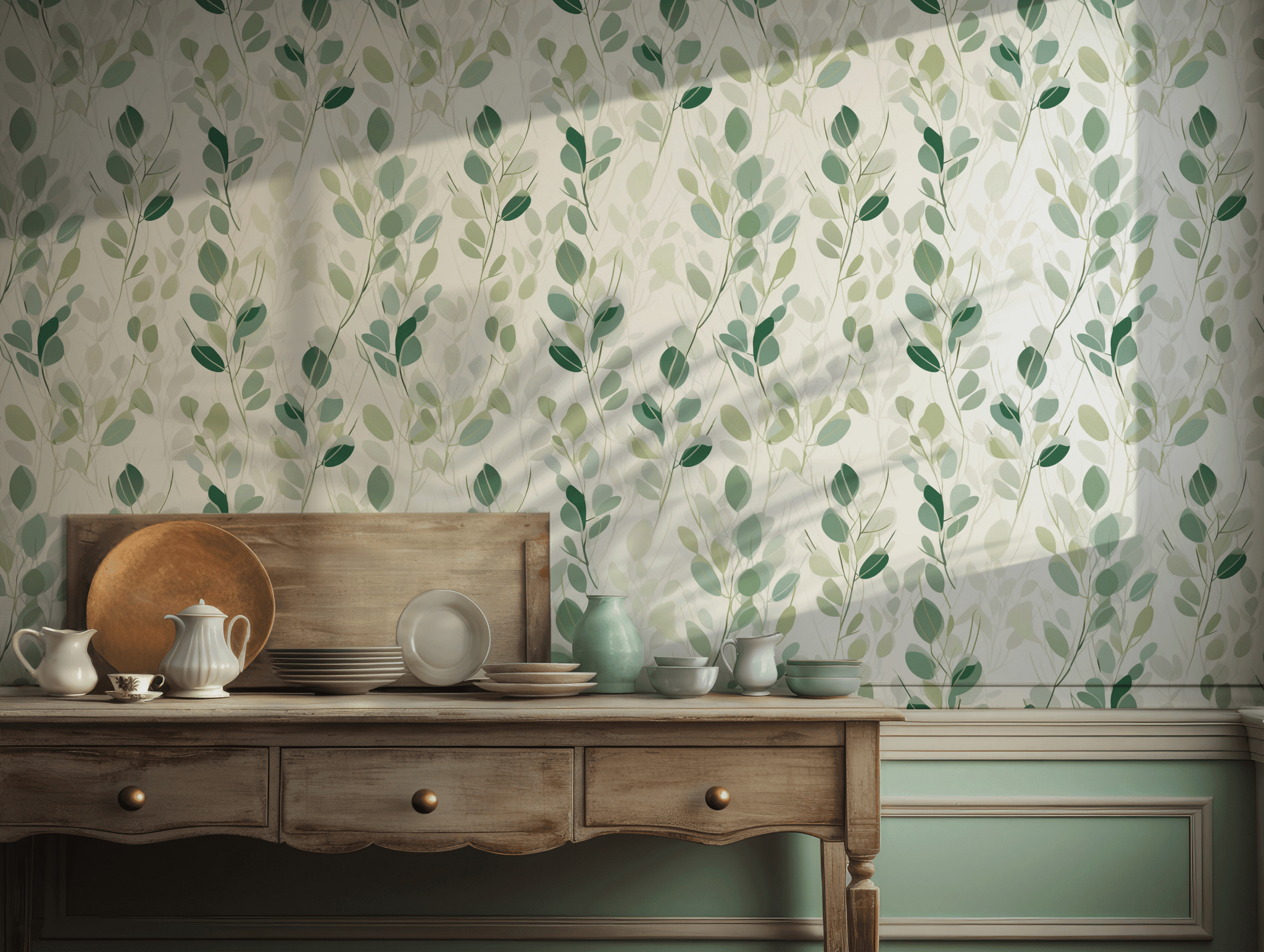 Green Dark Wallpaper - Self Adhesive - Eucalyptus Shades Botanical Leaves Foliage Watercolor BV327
