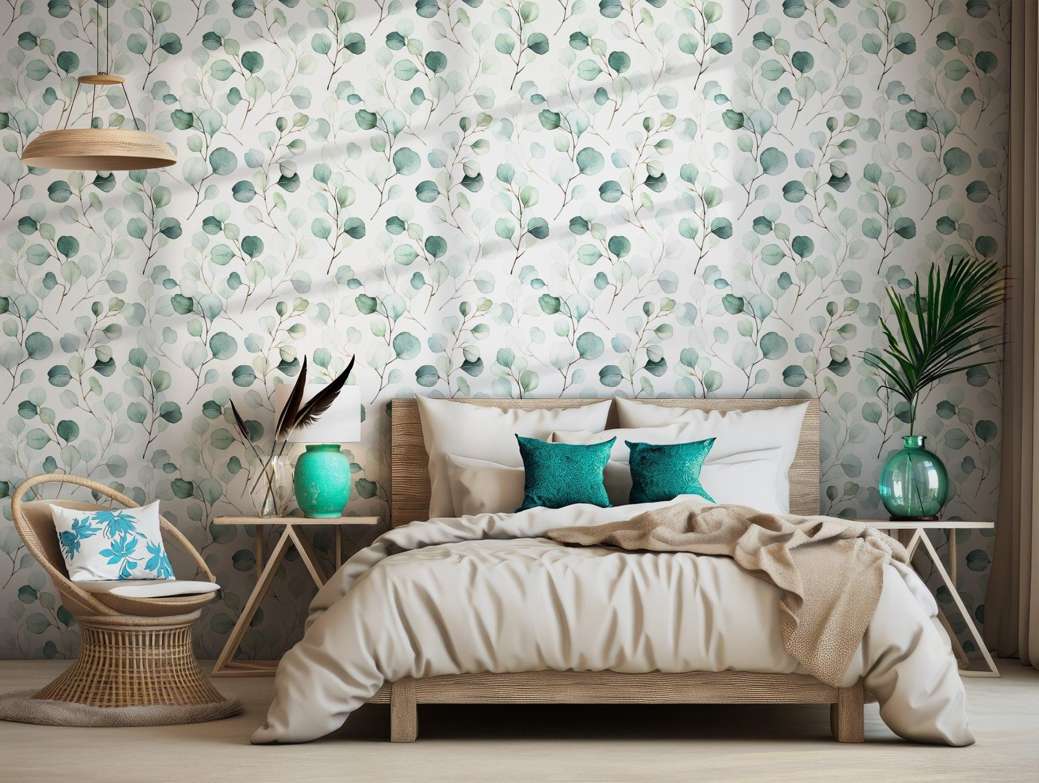 Green Leaf Wallpaper - Removable Peel and Stick Wall Decal - Eucalyptus Leaves Branches Boho Floral Botanical BV095