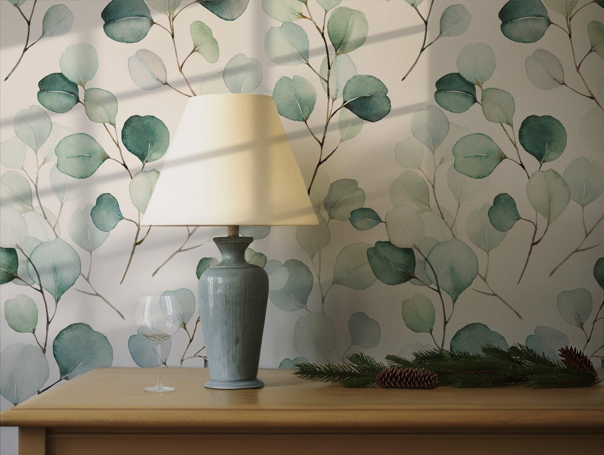 Green Leaf Wallpaper - Removable Peel and Stick Wall Decal - Eucalyptus Leaves Branches Boho Floral Botanical BV095