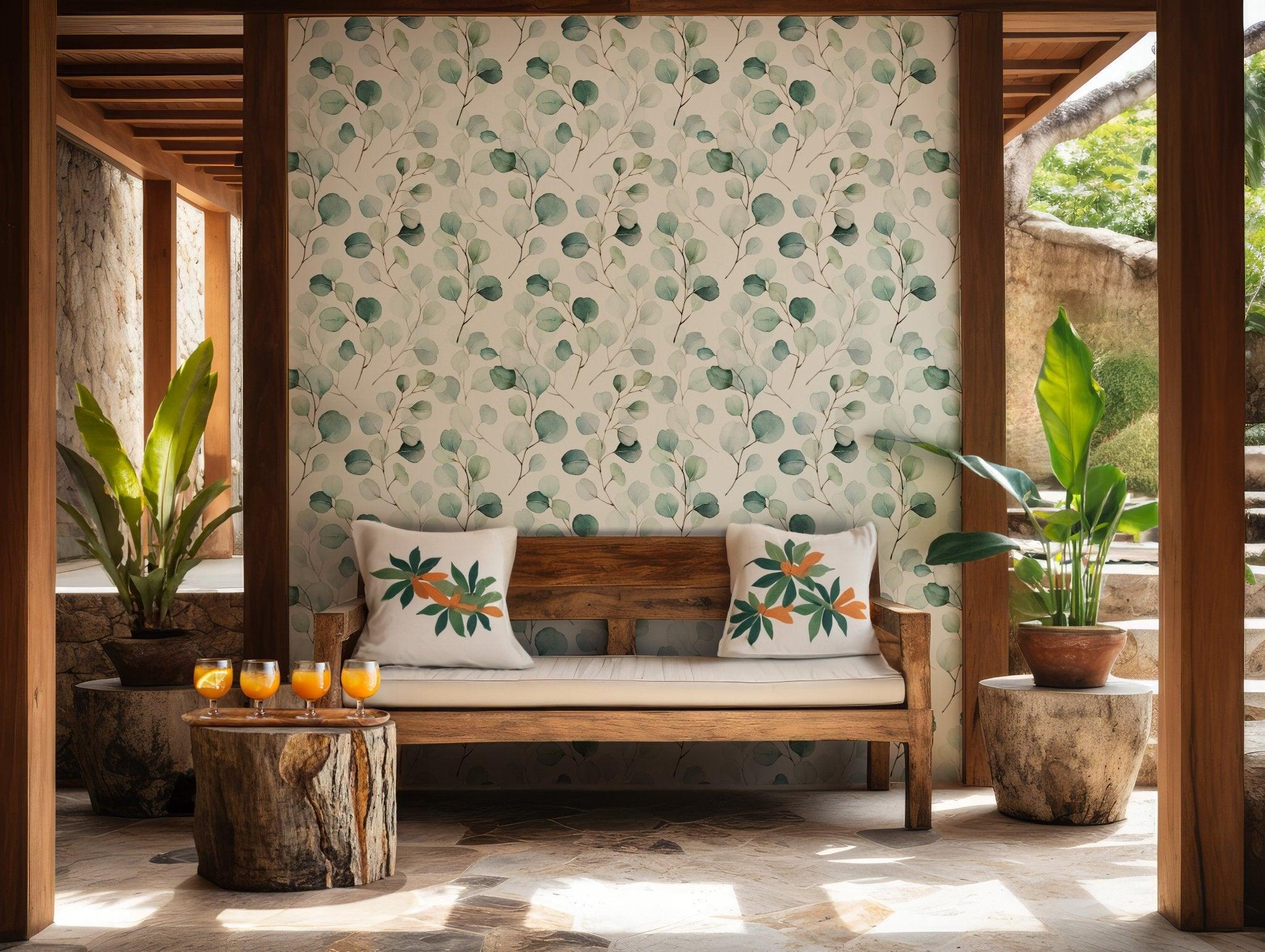 Green Leaf Wallpaper - Removable Peel and Stick Wall Decal - Eucalyptus Leaves Branches Boho Floral Botanical BV095