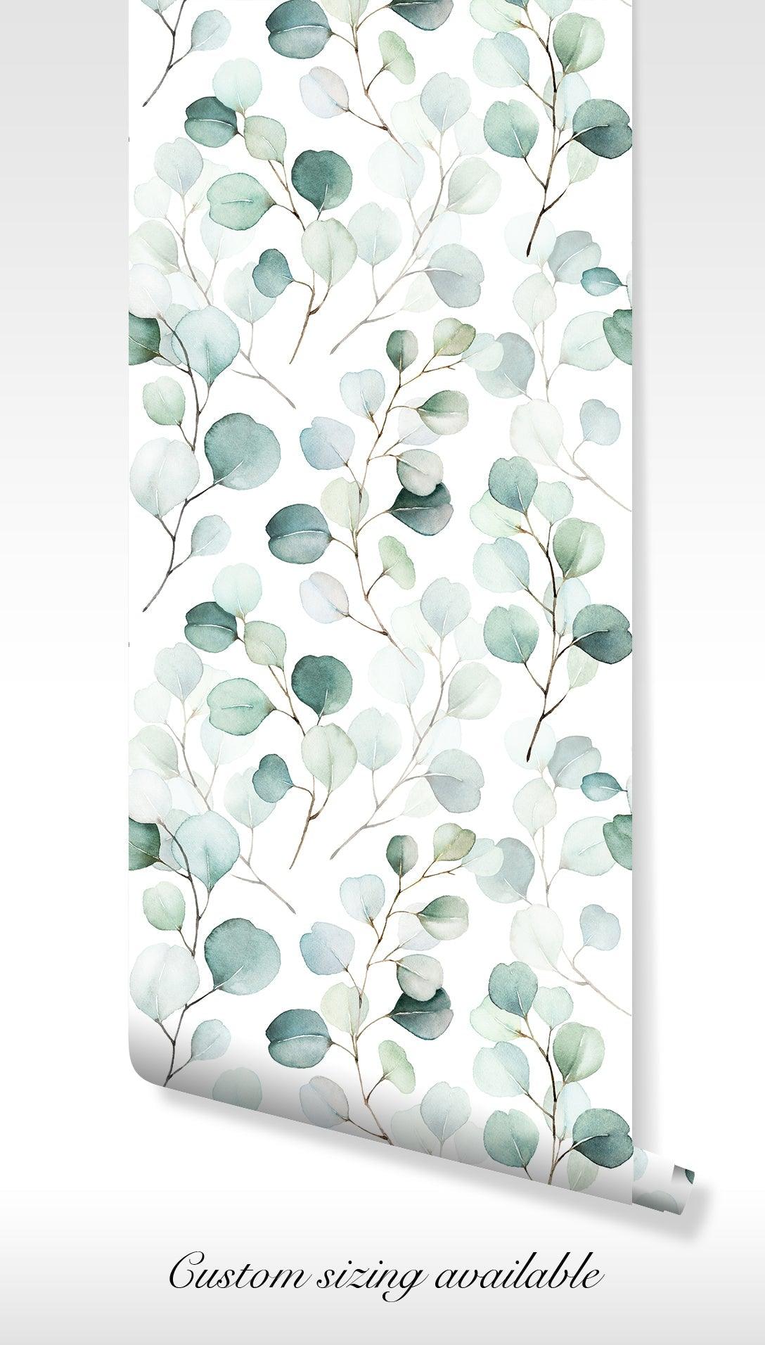 Green Leaf Wallpaper - Removable Peel and Stick Wall Decal - Eucalyptus Leaves Branches Boho Floral Botanical BV095