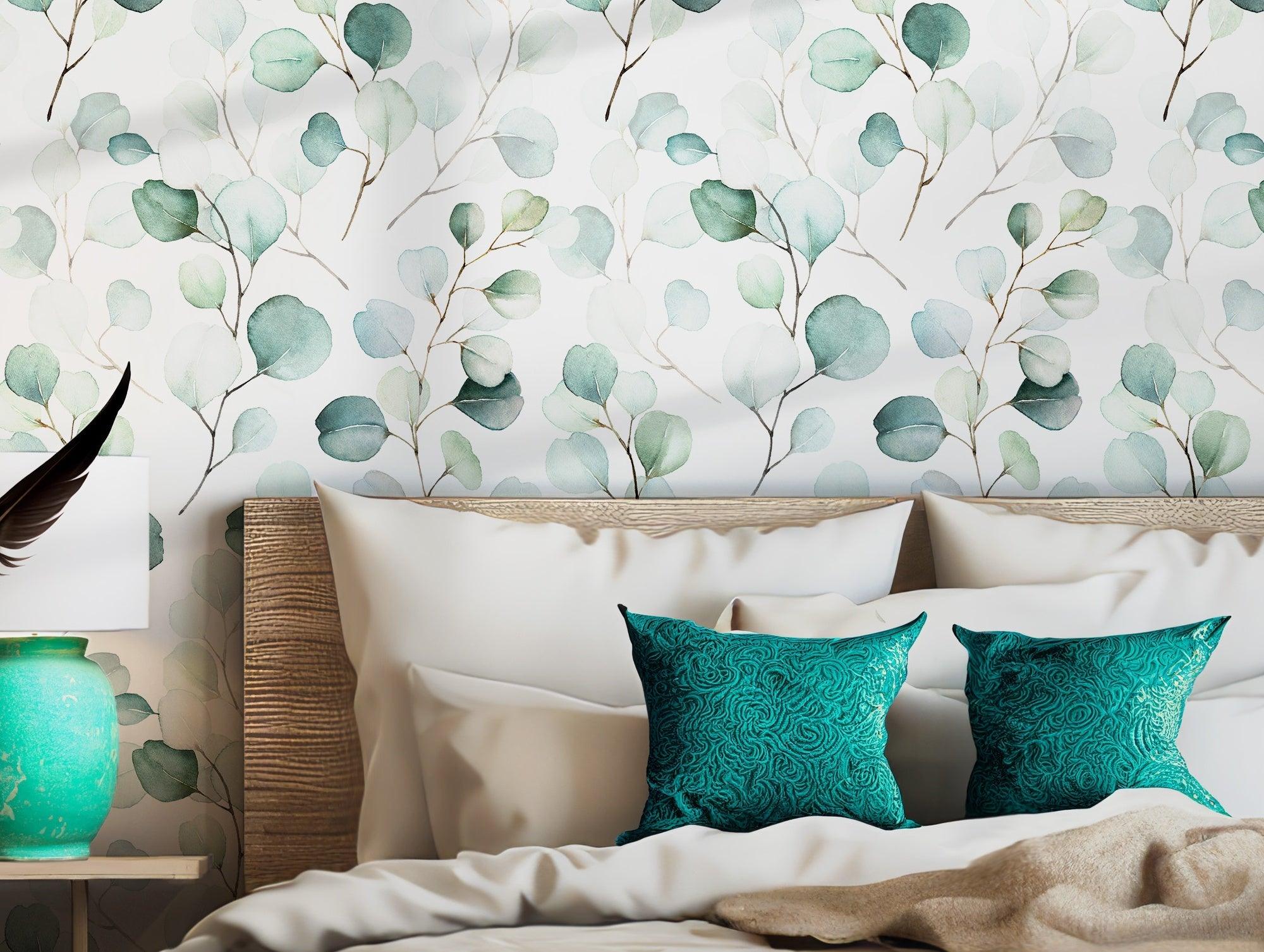 Green Leaf Wallpaper - Removable Peel and Stick Wall Decal - Eucalyptus Leaves Branches Boho Floral Botanical BV095