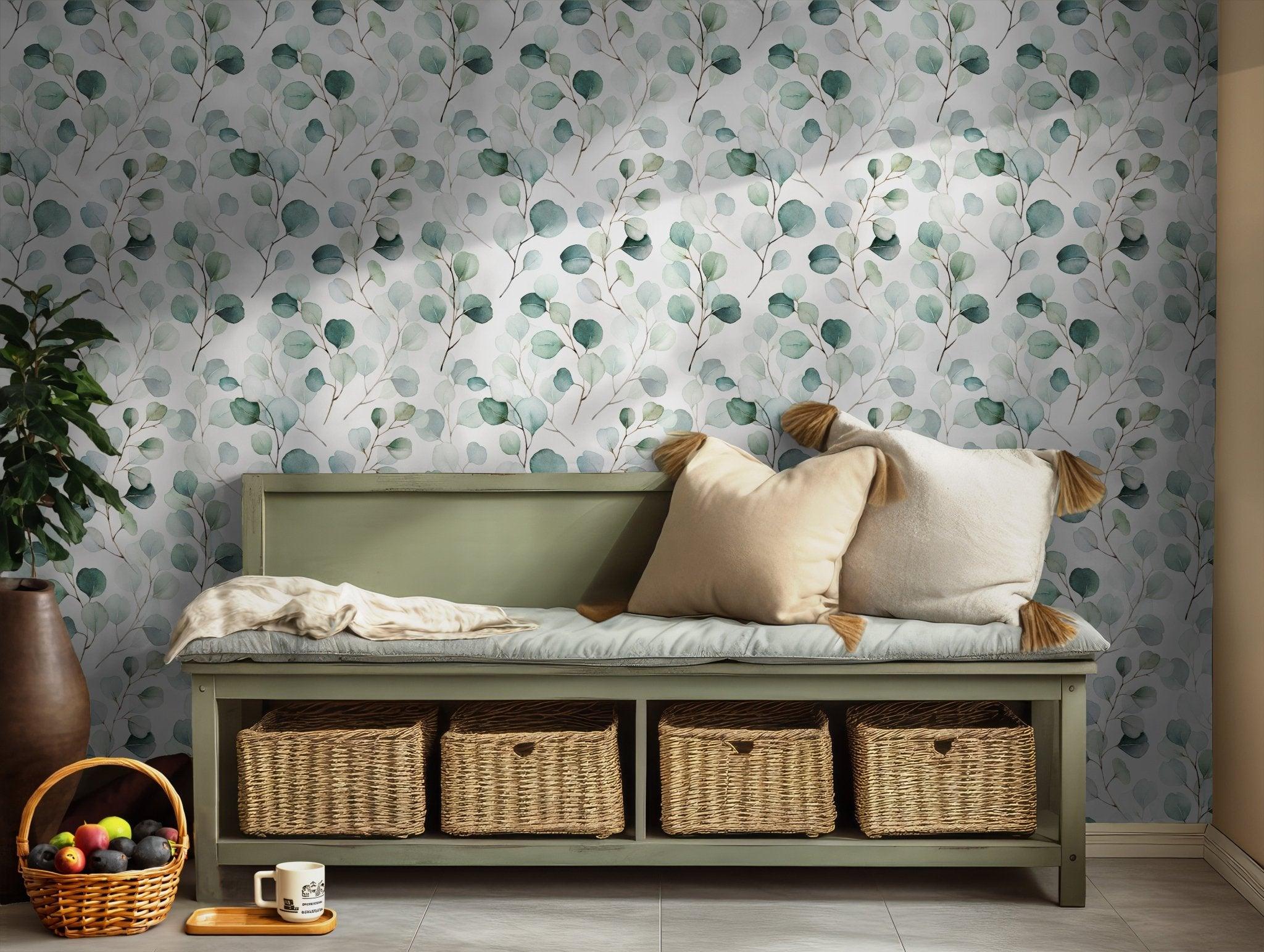 Green Leaf Wallpaper - Removable Peel and Stick Wall Decal - Eucalyptus Leaves Branches Boho Floral Botanical BV095