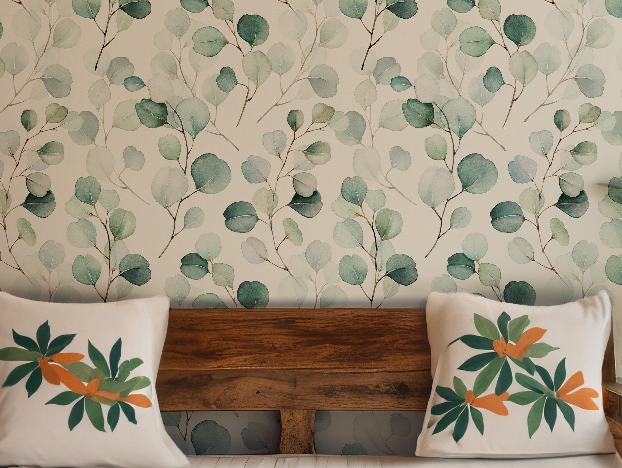 Green Leaf Wallpaper - Removable Peel and Stick Wall Decal - Eucalyptus Leaves Branches Boho Floral Botanical BV095