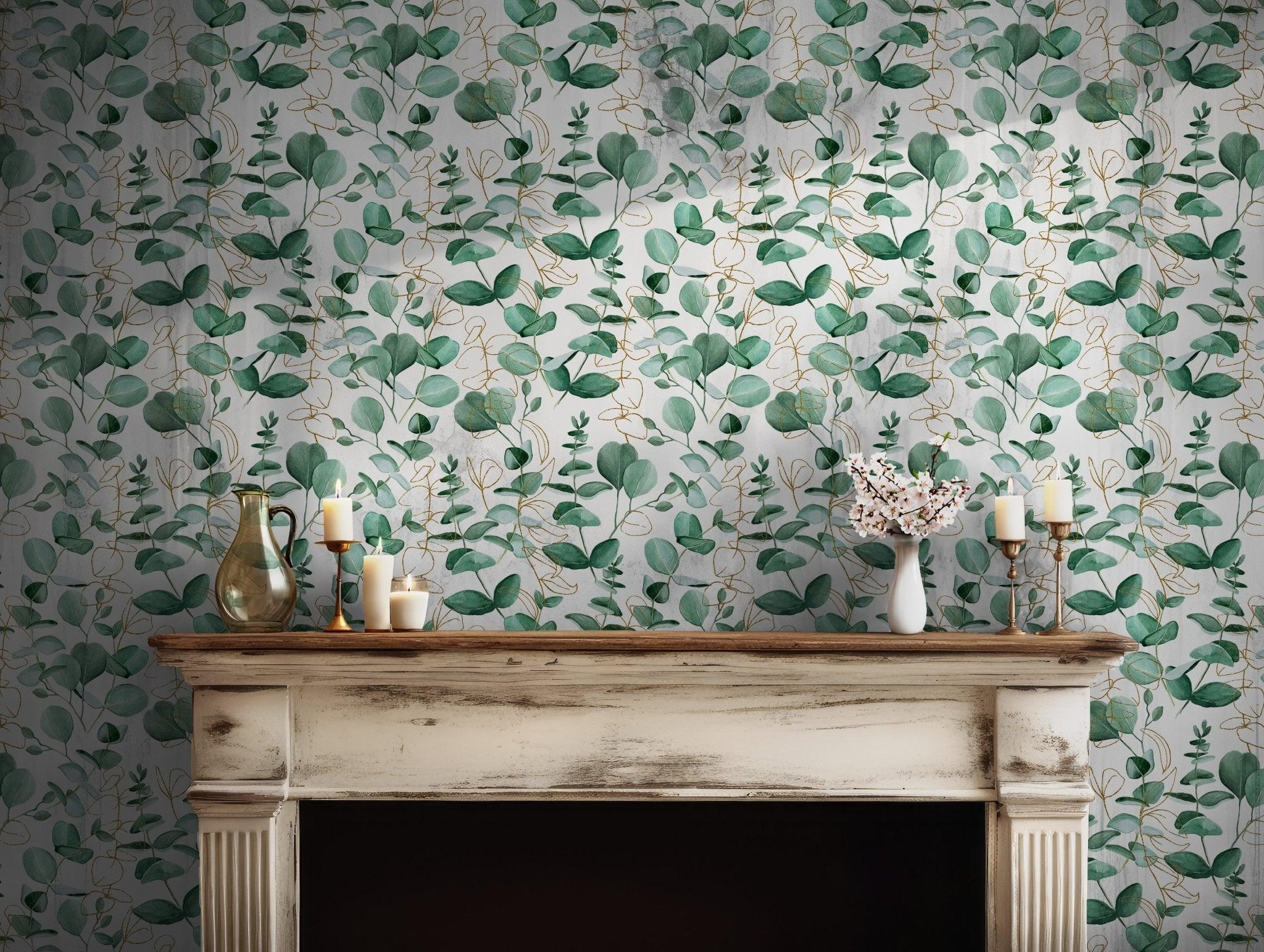 Green Leaf Wallpaper - Peel and Stick Removable - Eucalyptus Leaves Boho Floral Botanical BV162