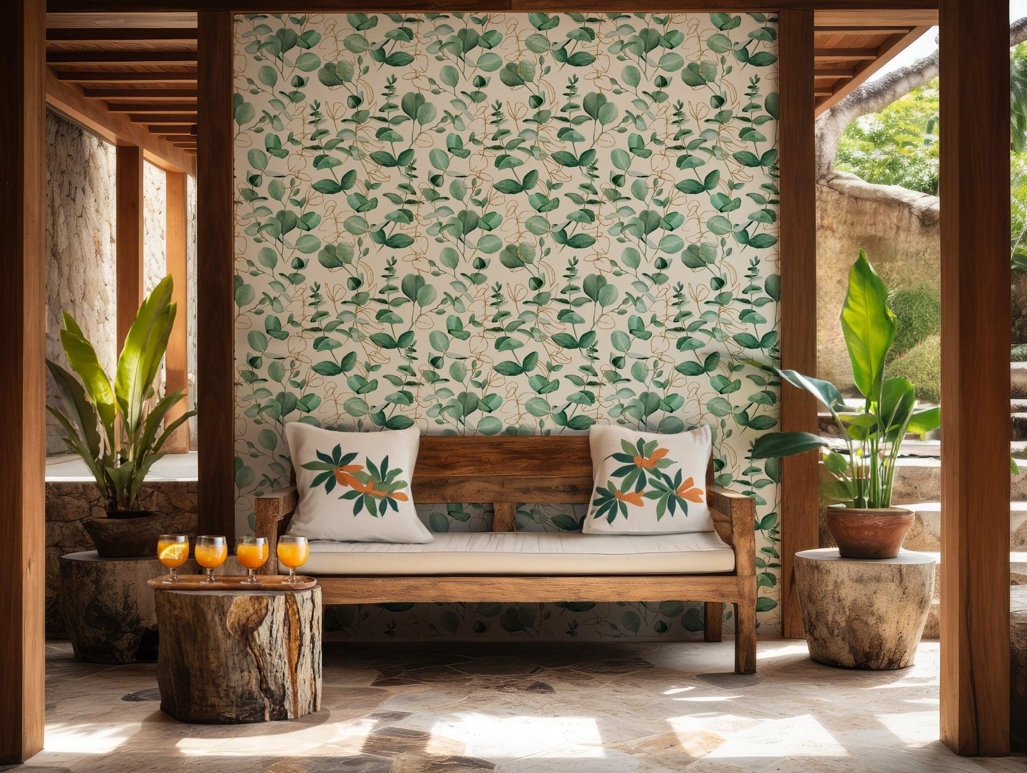 Green Leaf Wallpaper - Peel and Stick Removable - Eucalyptus Leaves Boho Floral Botanical BV162