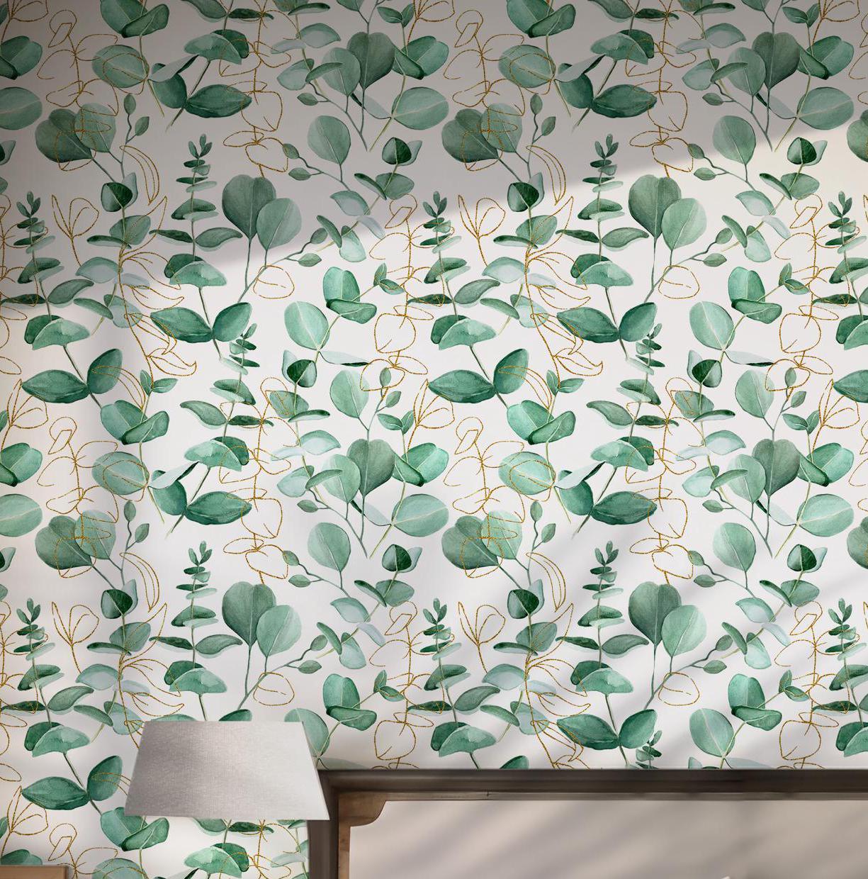 Green Leaf Wallpaper - Peel and Stick Removable - Eucalyptus Leaves Boho Floral Botanical BV162