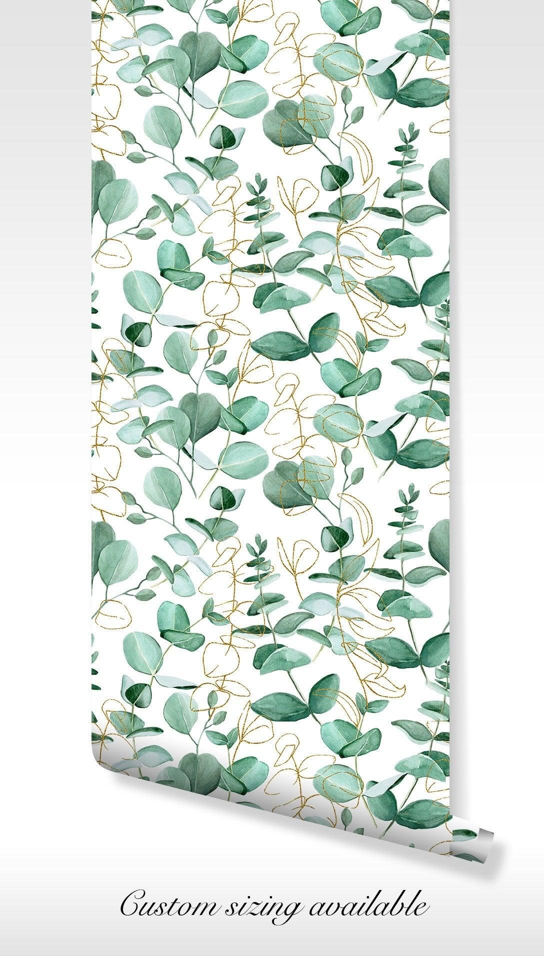 Green Leaf Wallpaper - Peel and Stick Removable - Eucalyptus Leaves Boho Floral Botanical BV162