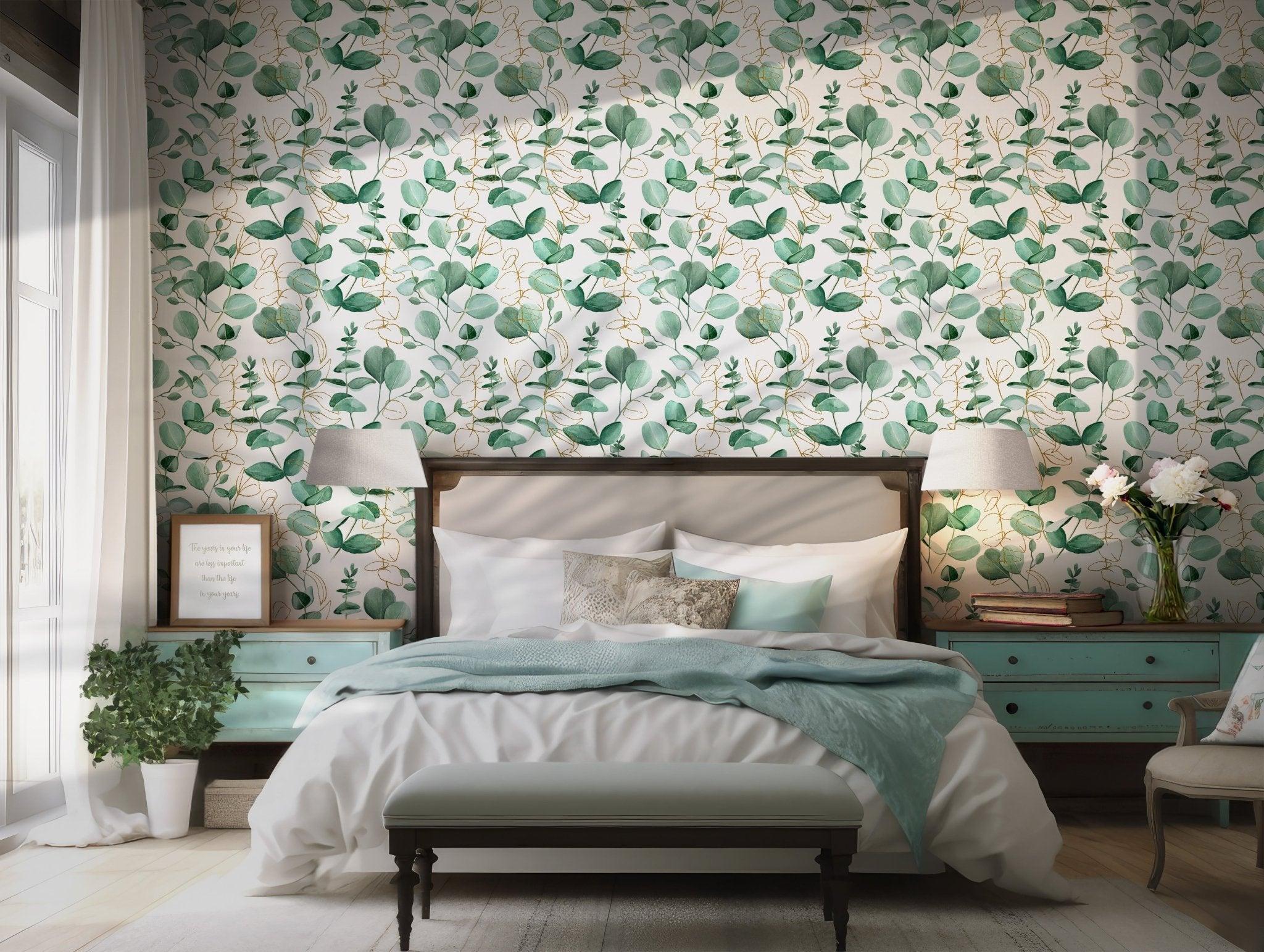 Green Leaf Wallpaper - Peel and Stick Removable - Eucalyptus Leaves Boho Floral Botanical BV162