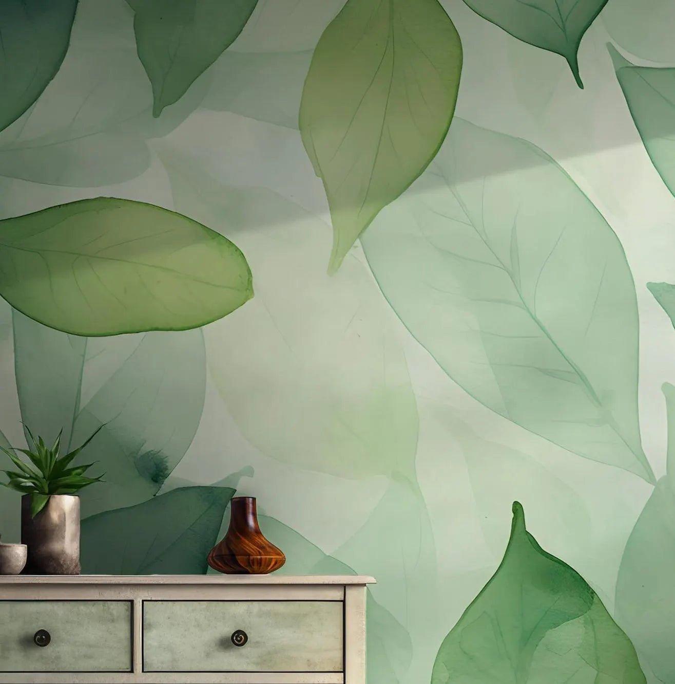 Green Floral Leaves Peel and Stick Wall Mural - Wallpaper Nature Botanical Art BV165