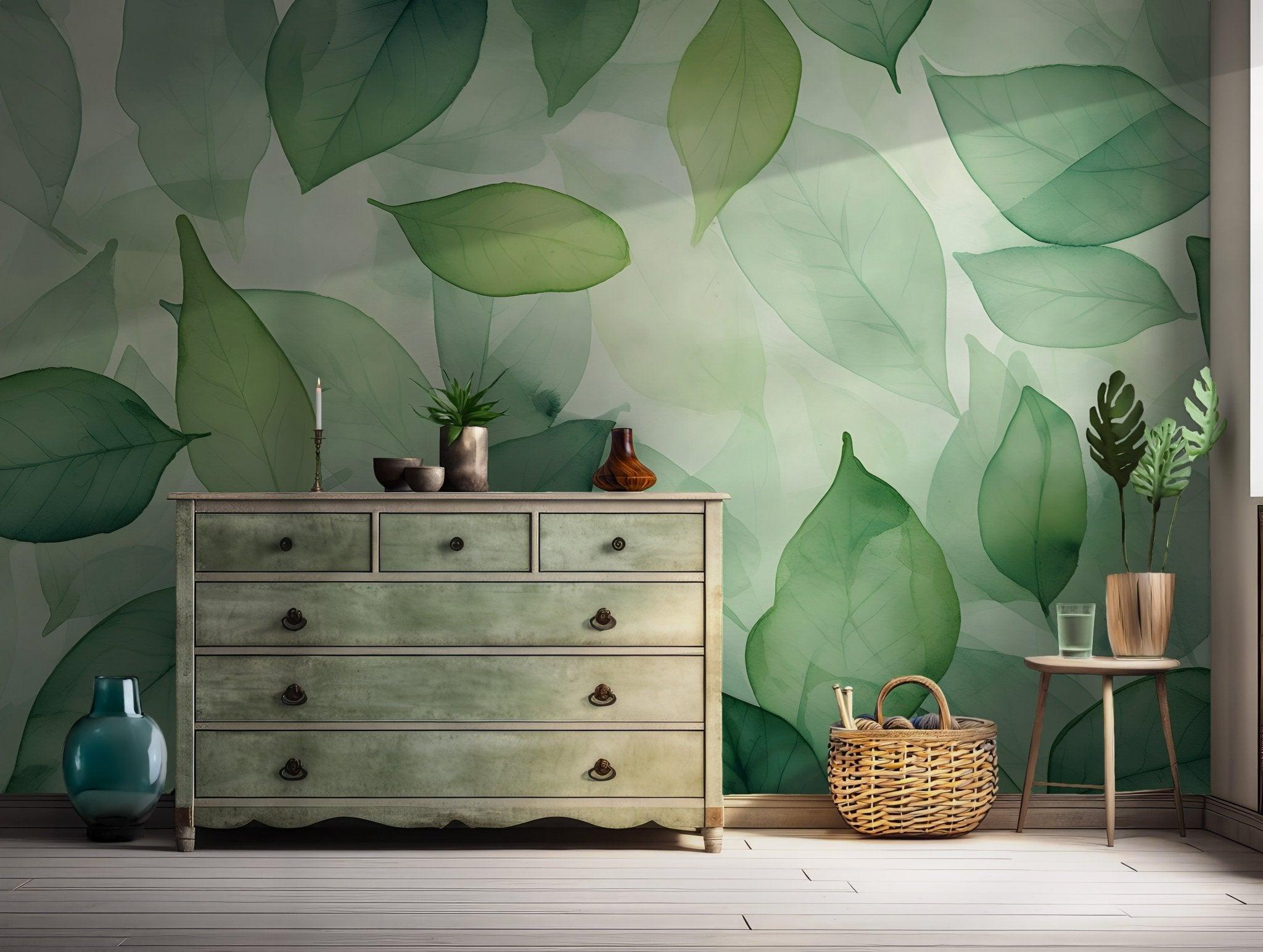 Green Floral Leaves Peel and Stick Wall Mural - Wallpaper Nature Botanical Art BV165