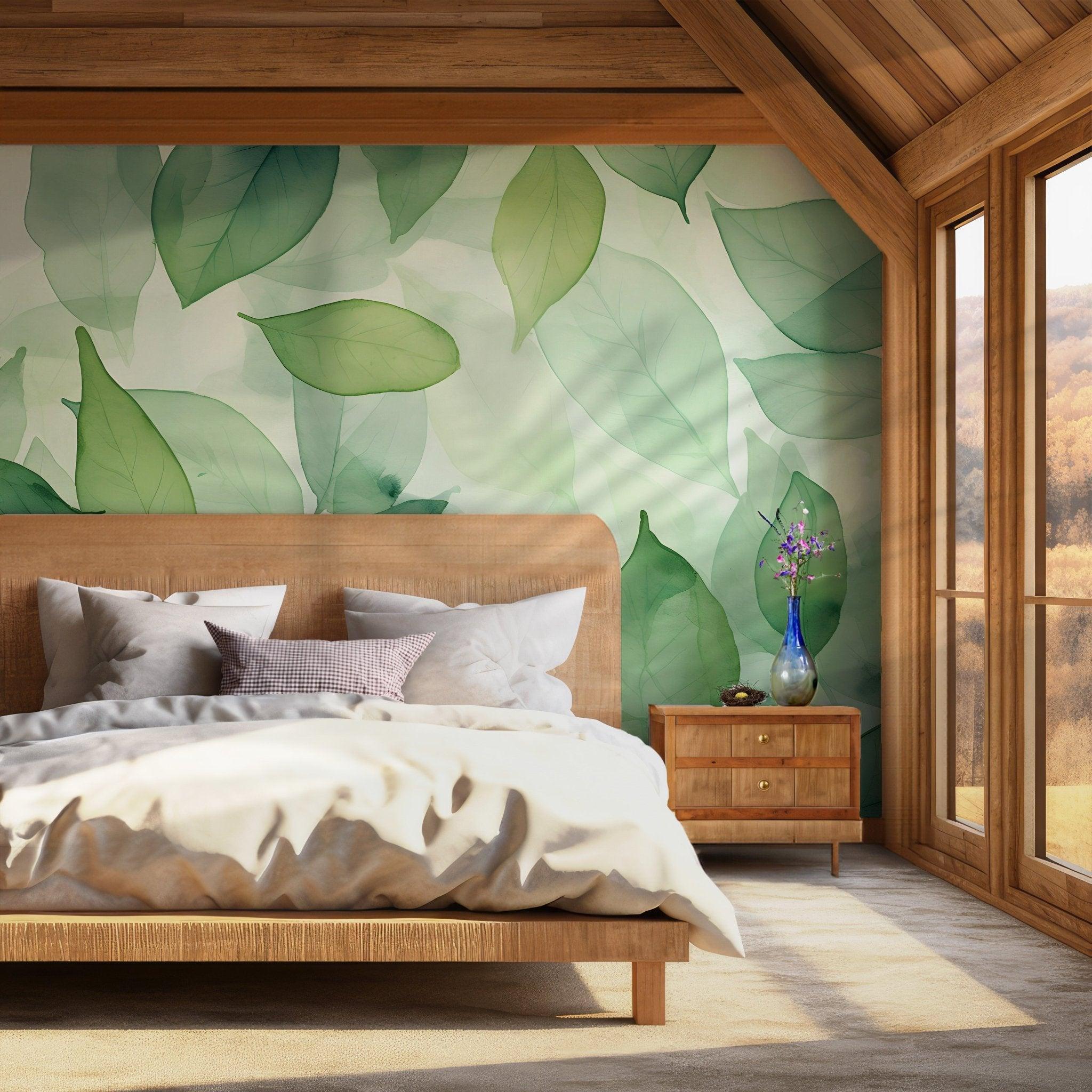 Green Floral Leaves Peel and Stick Wall Mural - Wallpaper Nature Botanical Art BV165