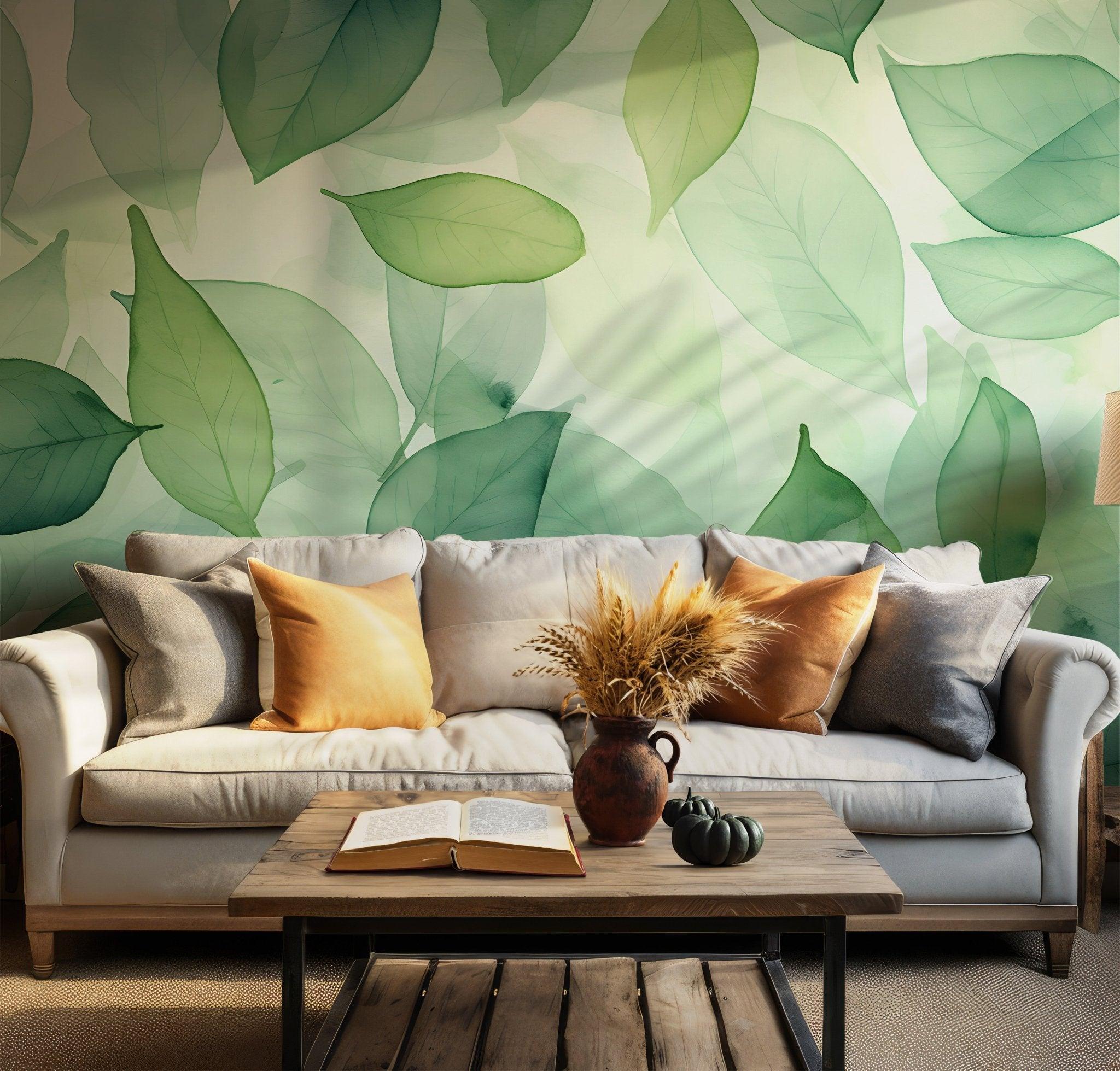 Green Floral Leaves Peel and Stick Wall Mural - Wallpaper Nature Botanical Art BV165