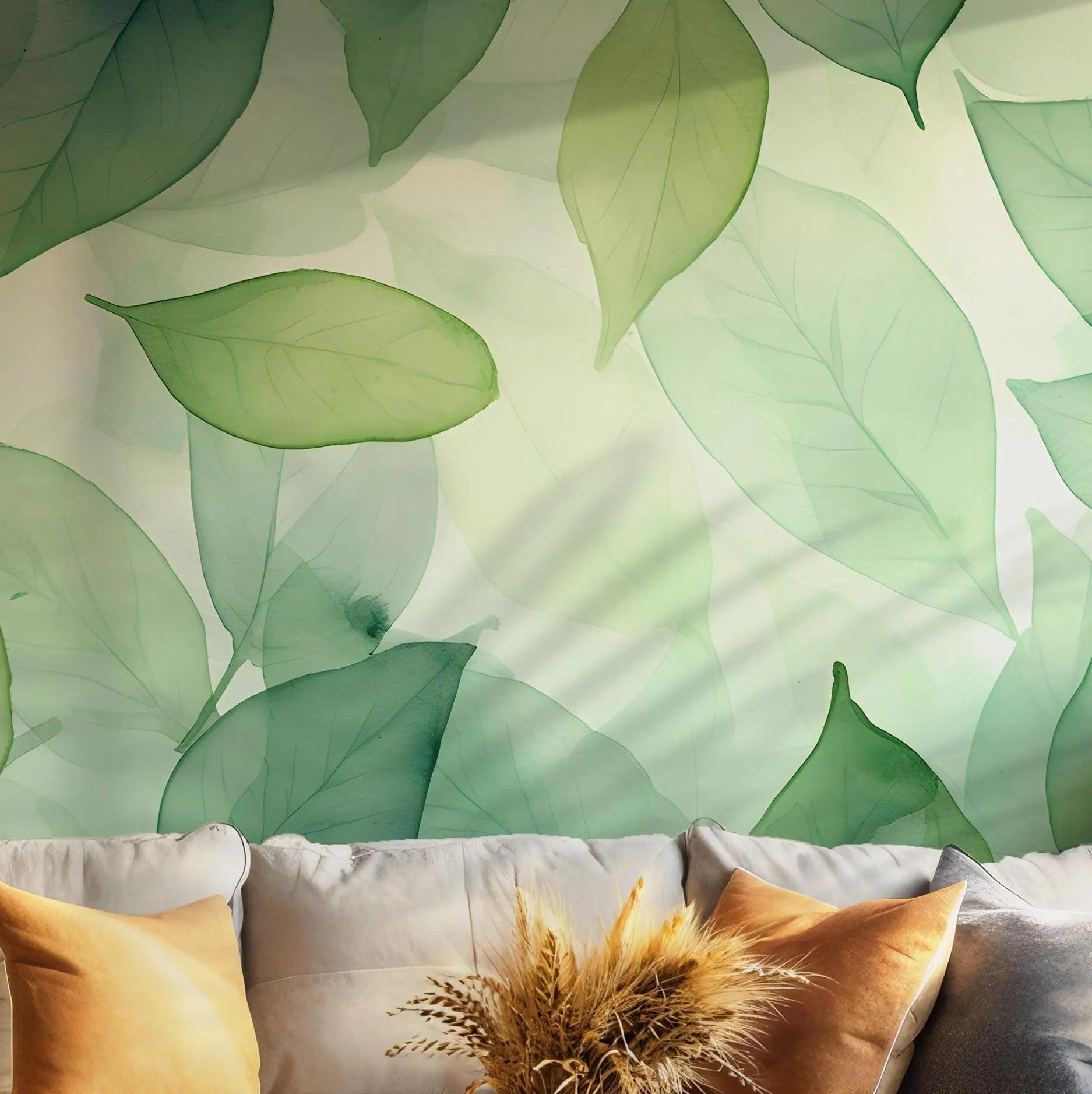 Green Floral Leaves Peel and Stick Wall Mural - Wallpaper Nature Botanical Art BV165