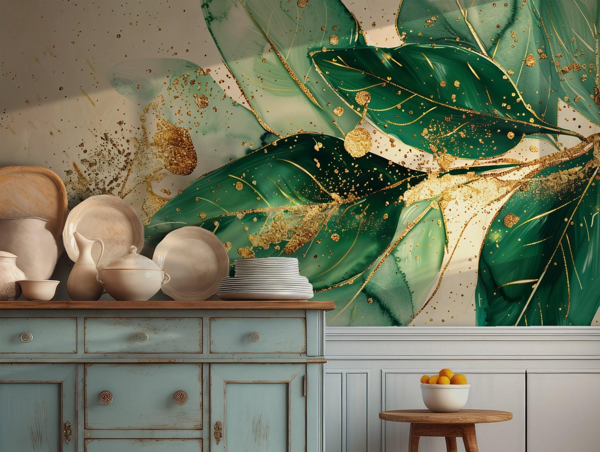 Green Gold Leaves Wallpaper- Self Adhesive Peel and Stick Wall Mural - Abstract Watercolor Temporary BV156
