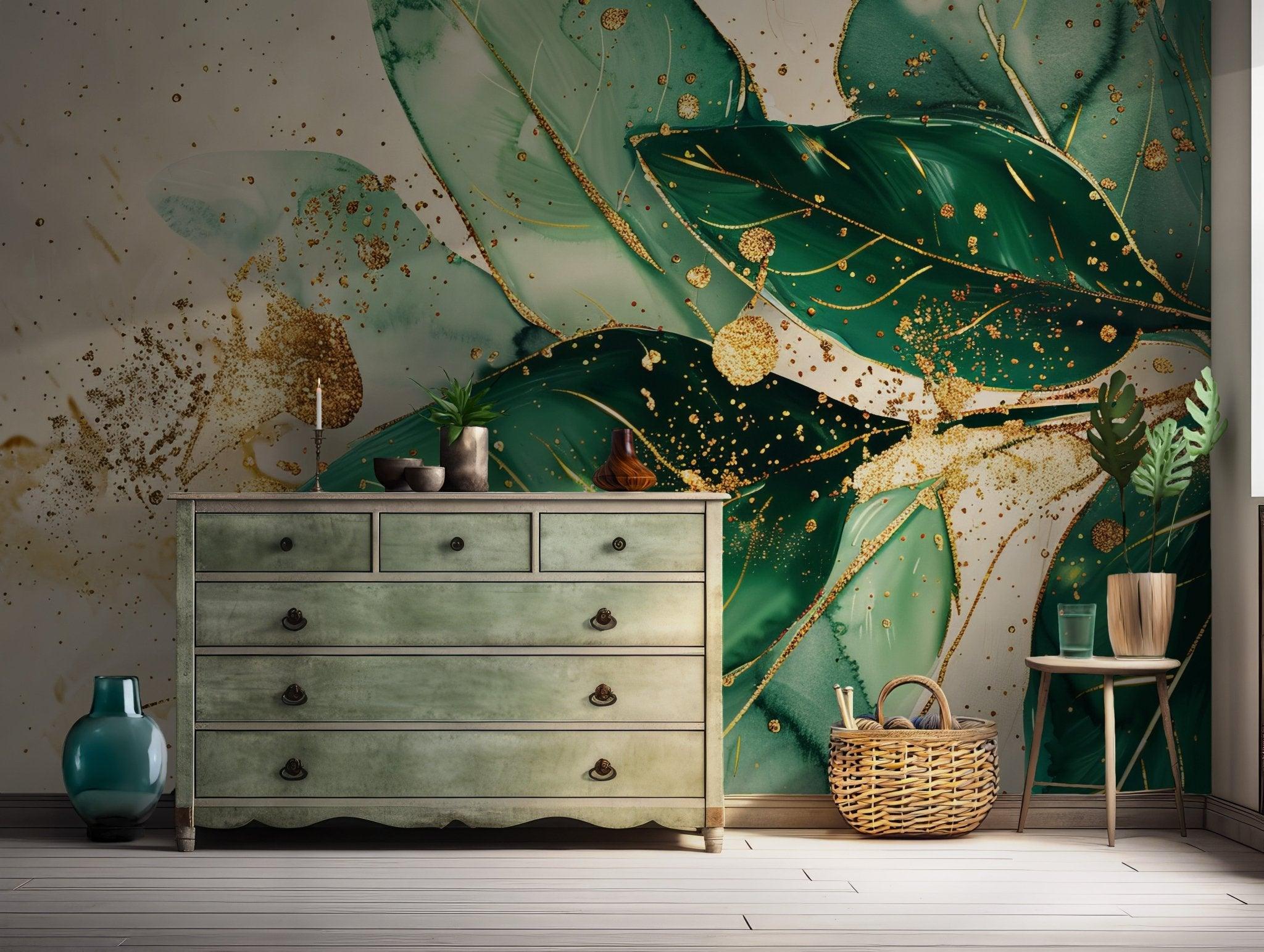 Green Gold Leaves Wallpaper- Self Adhesive Peel and Stick Wall Mural - Abstract Watercolor Temporary BV156