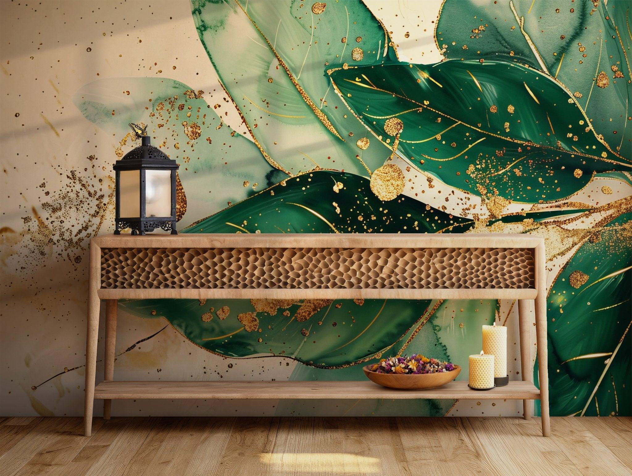 Green Gold Leaves Wallpaper- Self Adhesive Peel and Stick Wall Mural - Abstract Watercolor Temporary BV156
