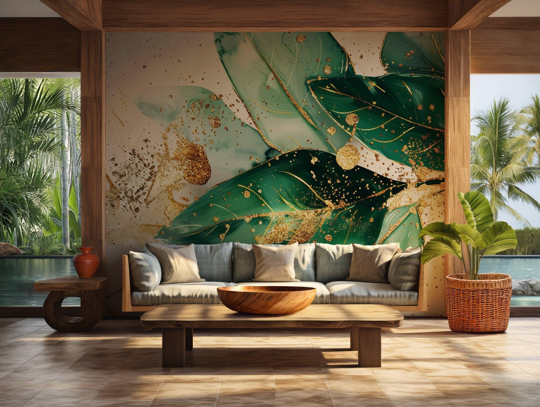 Green Gold Leaves Wallpaper- Self Adhesive Peel and Stick Wall Mural - Abstract Watercolor Temporary BV156