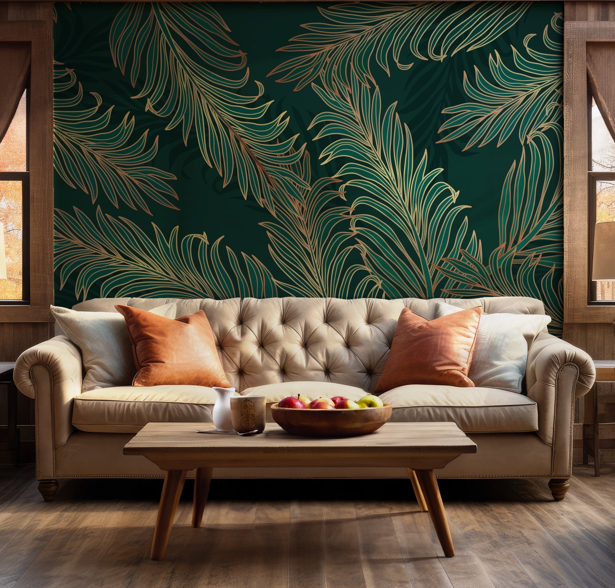 Green Golden Palm Leaf Wallpaper - Peel and Stick Wall Mural - Emerald Luxurious BV266
