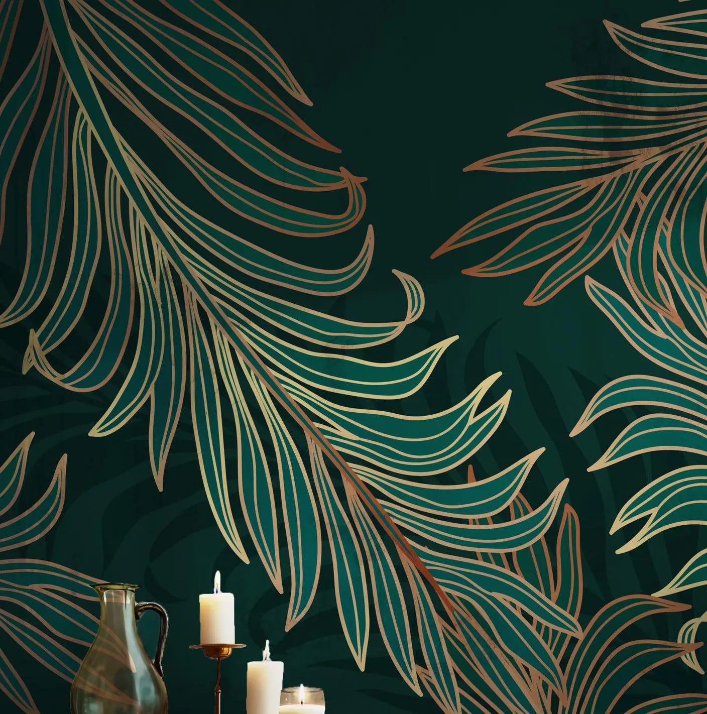 Green Golden Palm Leaf Wallpaper - Peel and Stick Wall Mural - Emerald Luxurious BV266