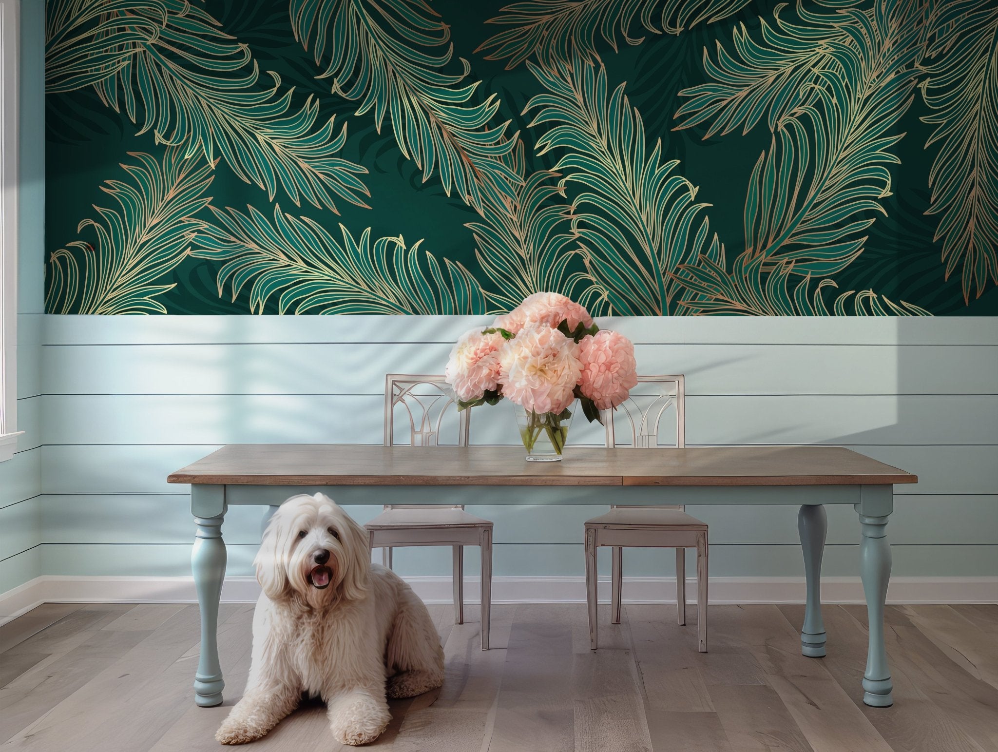 Green Golden Palm Leaf Wallpaper - Peel and Stick Wall Mural - Emerald Luxurious BV266