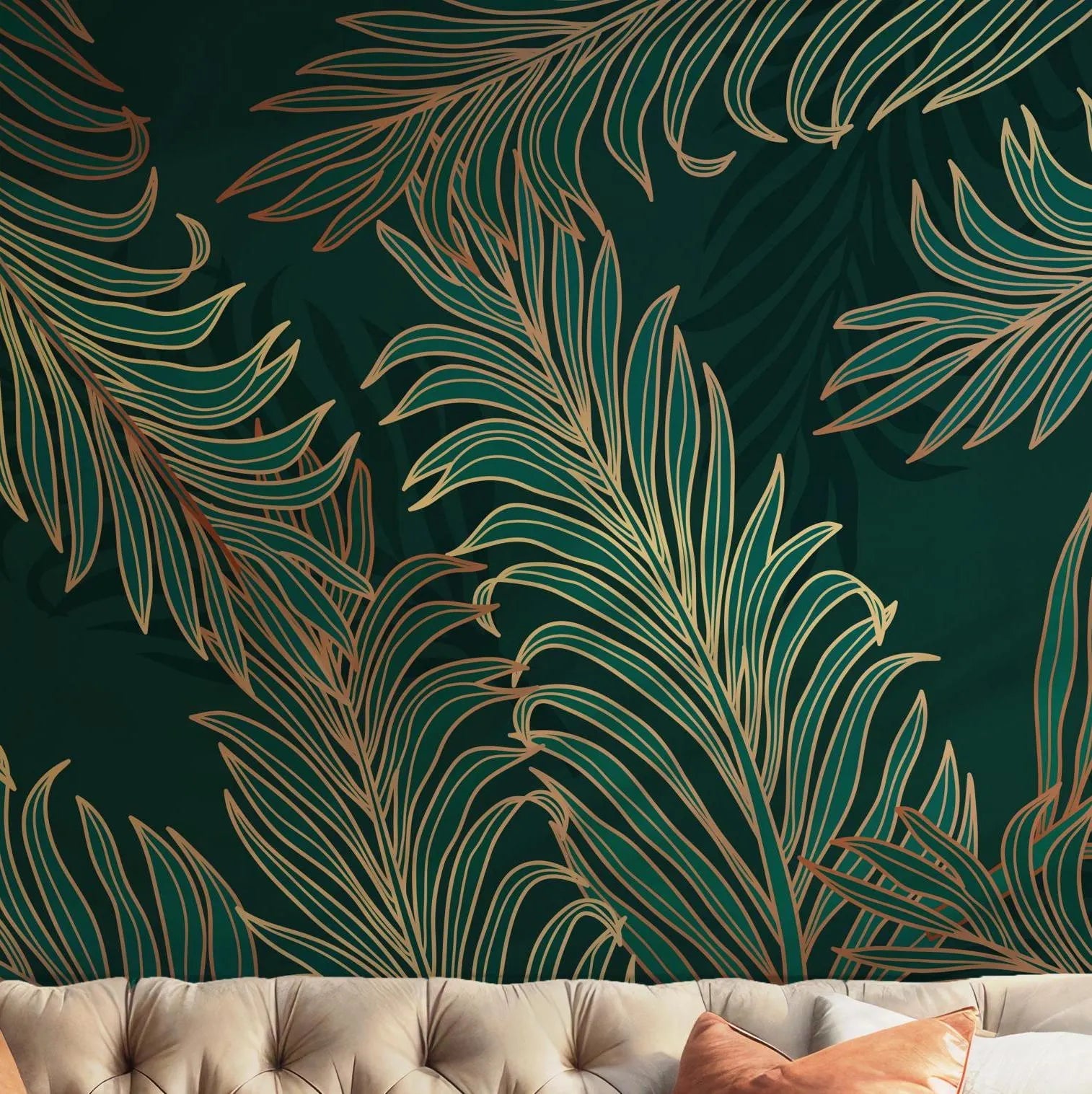 Green Golden Palm Leaf Wallpaper - Peel and Stick Wall Mural - Emerald Luxurious BV266