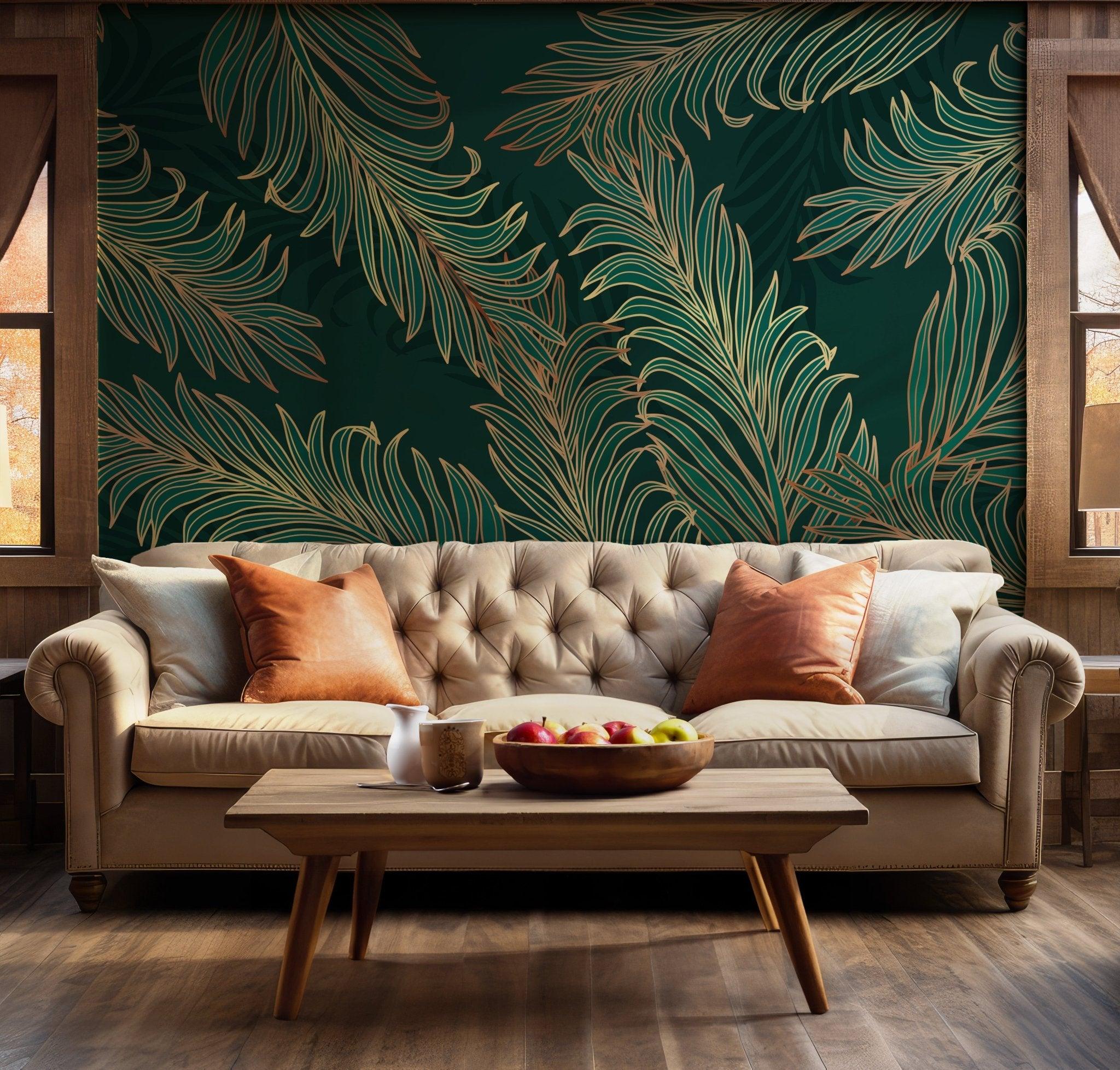 Green Golden Palm Leaf Wallpaper - Peel and Stick Wall Mural - Emerald Luxurious BV266