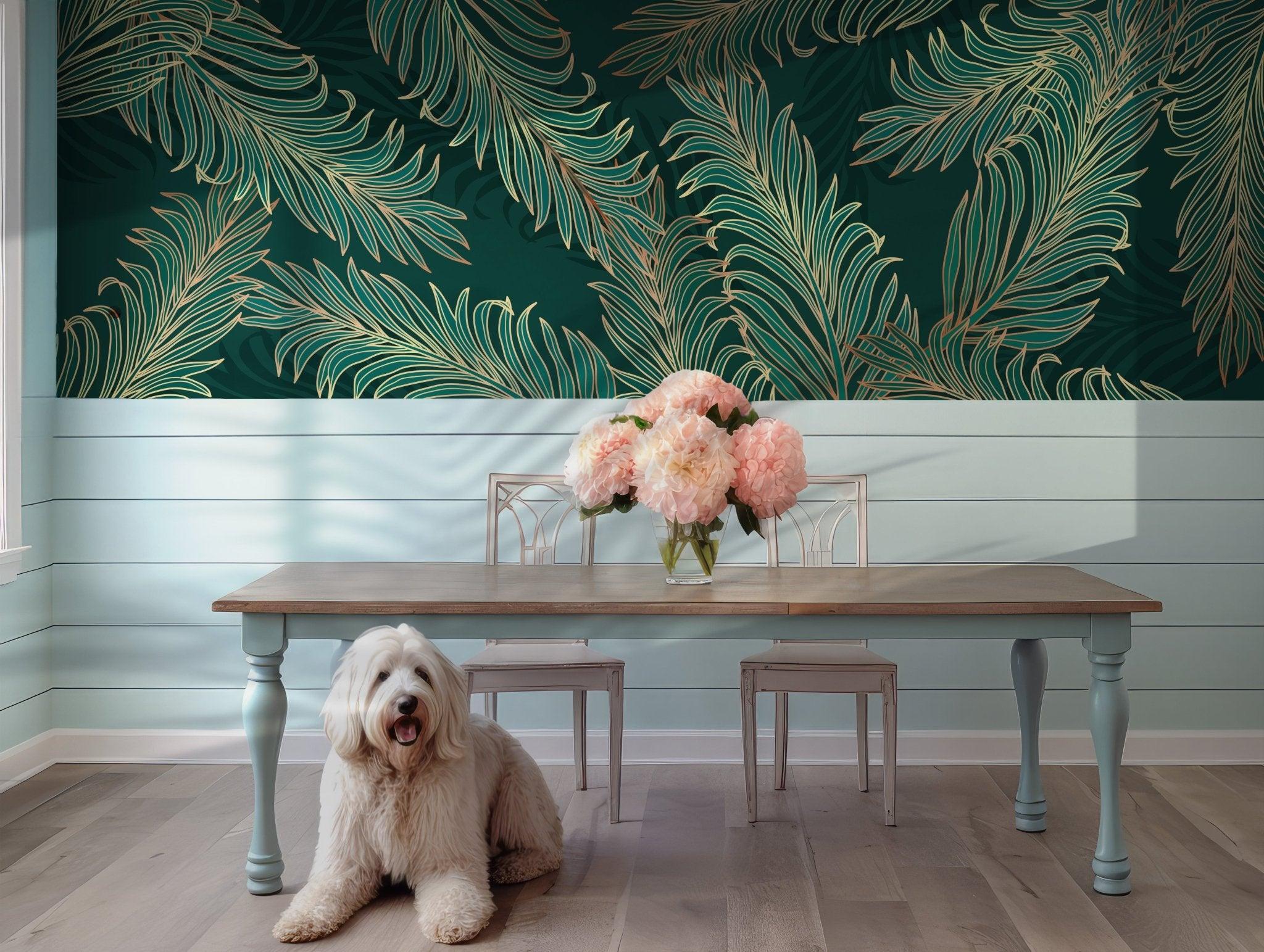 Green Golden Palm Leaf Wallpaper - Peel and Stick Wall Mural - Emerald Luxurious BV266