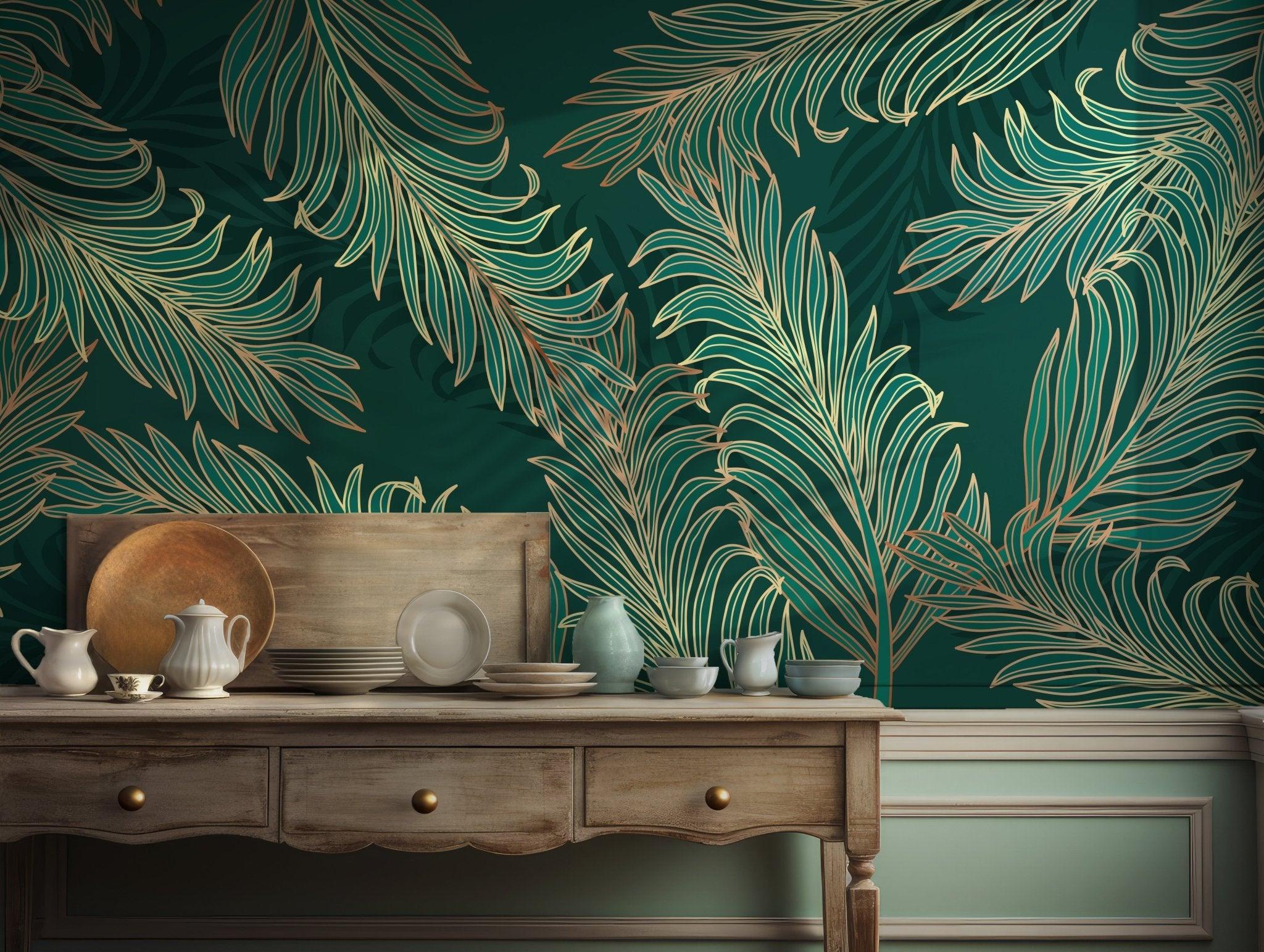 Green Golden Palm Leaf Wallpaper - Peel and Stick Wall Mural - Emerald Luxurious BV266