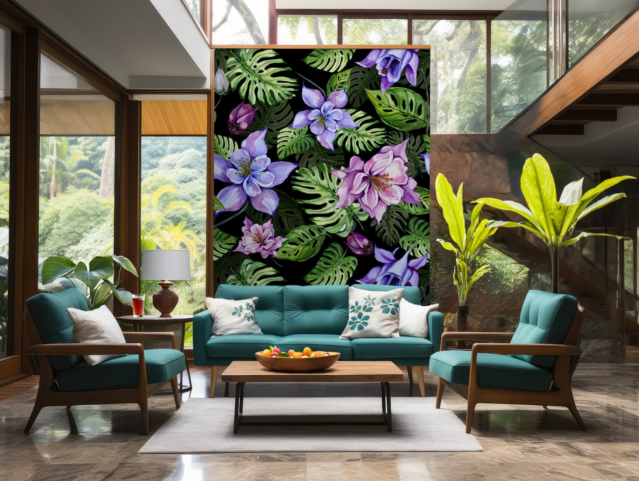 Green Jungle Flower Wall Mural - Peel and Stick Wallpaper - Tropical Monstera Leaves Purple Blooms BV249