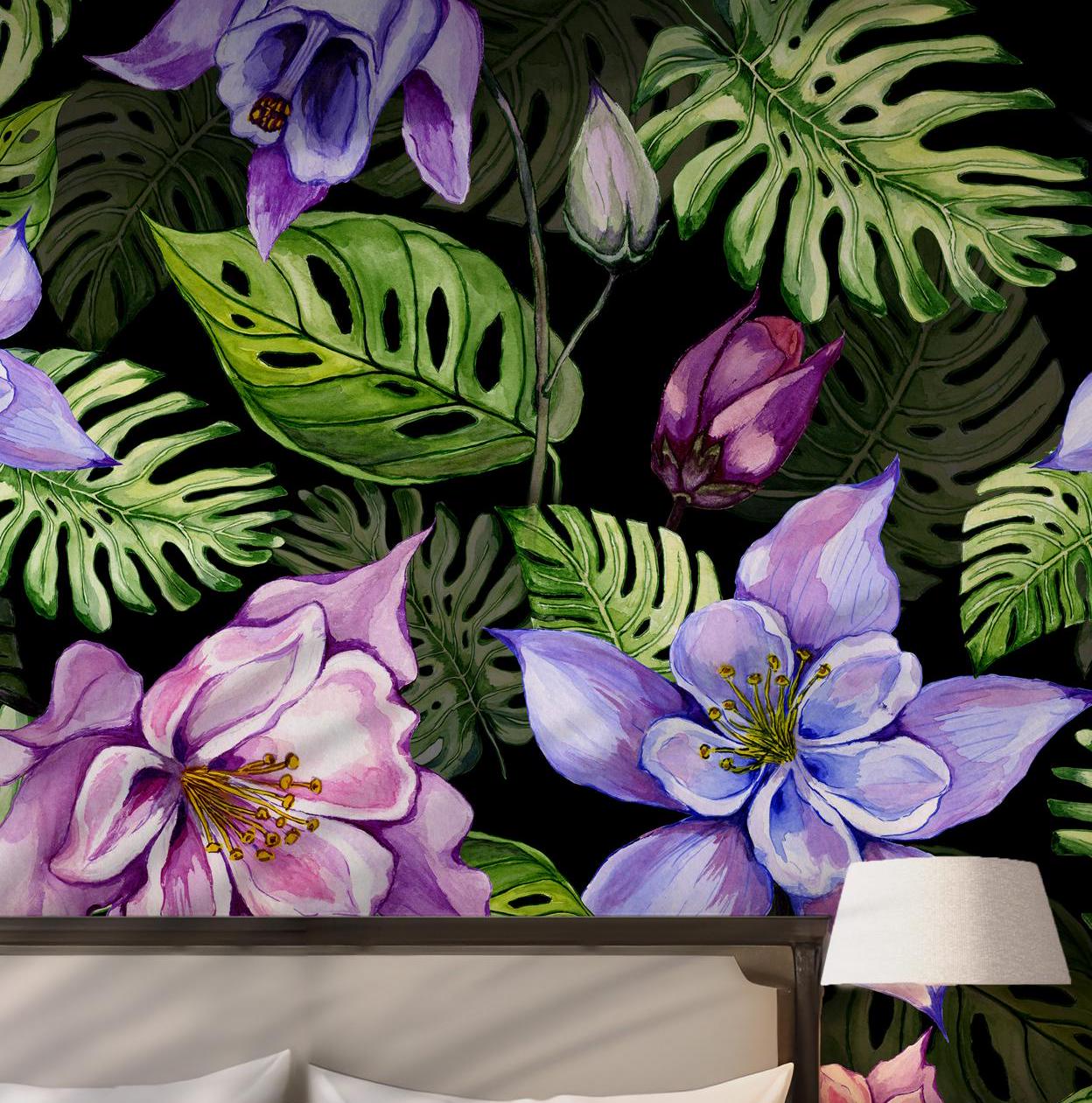 Green Jungle Flower Wall Mural - Peel and Stick Wallpaper - Tropical Monstera Leaves Purple Blooms BV249