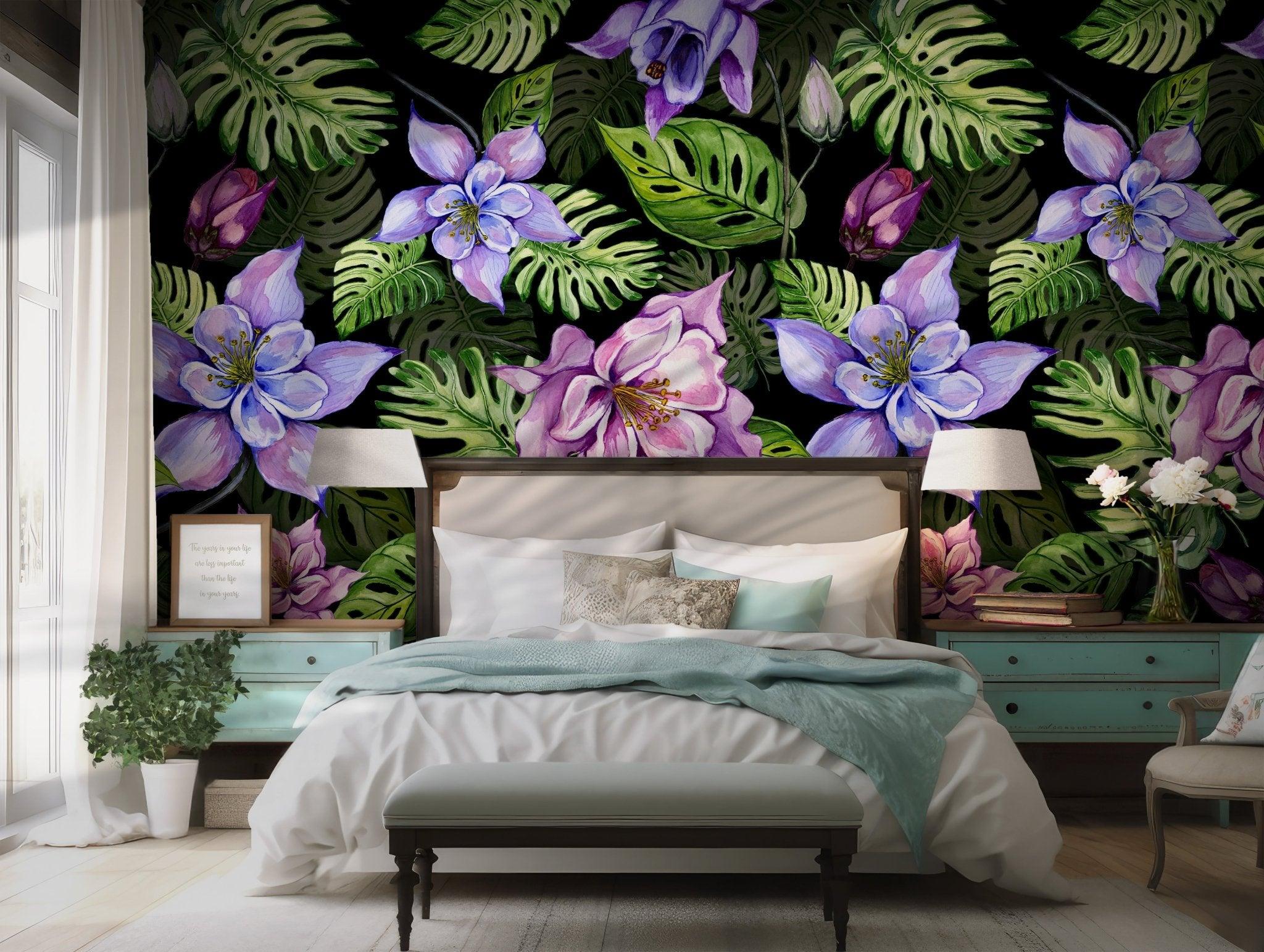 Green Jungle Flower Wall Mural - Peel and Stick Wallpaper - Tropical Monstera Leaves Purple Blooms BV249