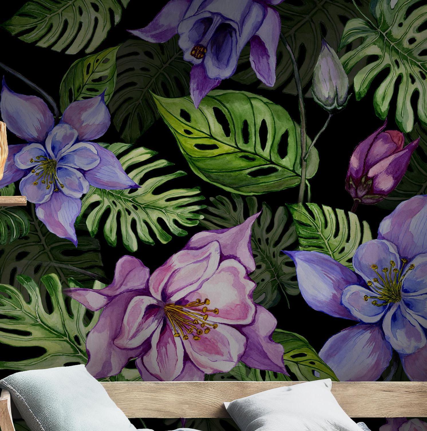 Green Jungle Flower Wall Mural - Peel and Stick Wallpaper - Tropical Monstera Leaves Purple Blooms BV249