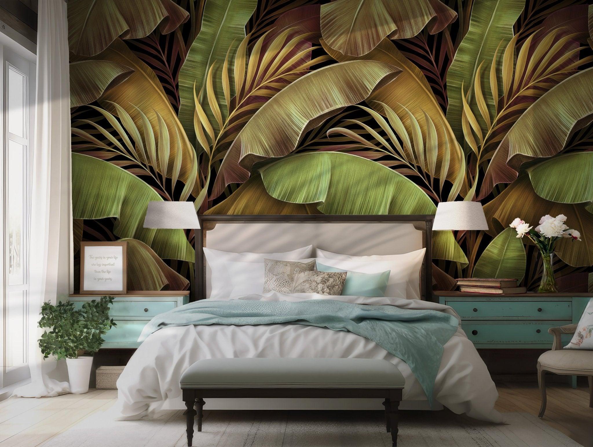 Green Jungle Wallpaper - Self Adhesive Wall Mural - Tropical Palm Banana Leaves Golden BV176