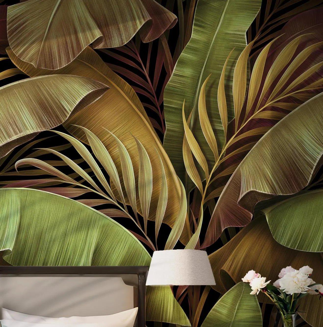 Green Jungle Wallpaper - Self Adhesive Wall Mural - Tropical Palm Banana Leaves Golden BV176