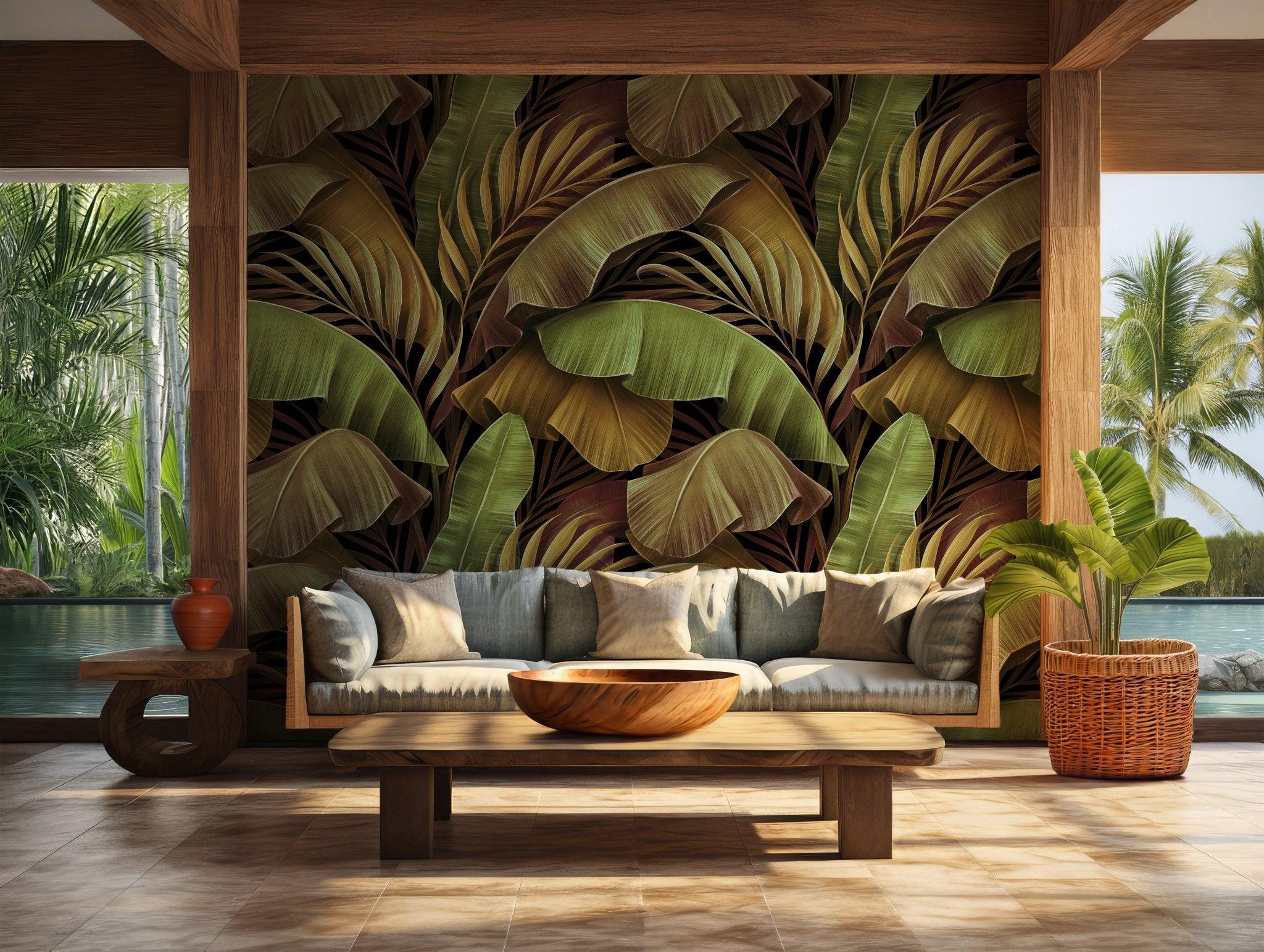 Green Jungle Wallpaper - Self Adhesive Wall Mural - Tropical Palm Banana Leaves Golden BV176