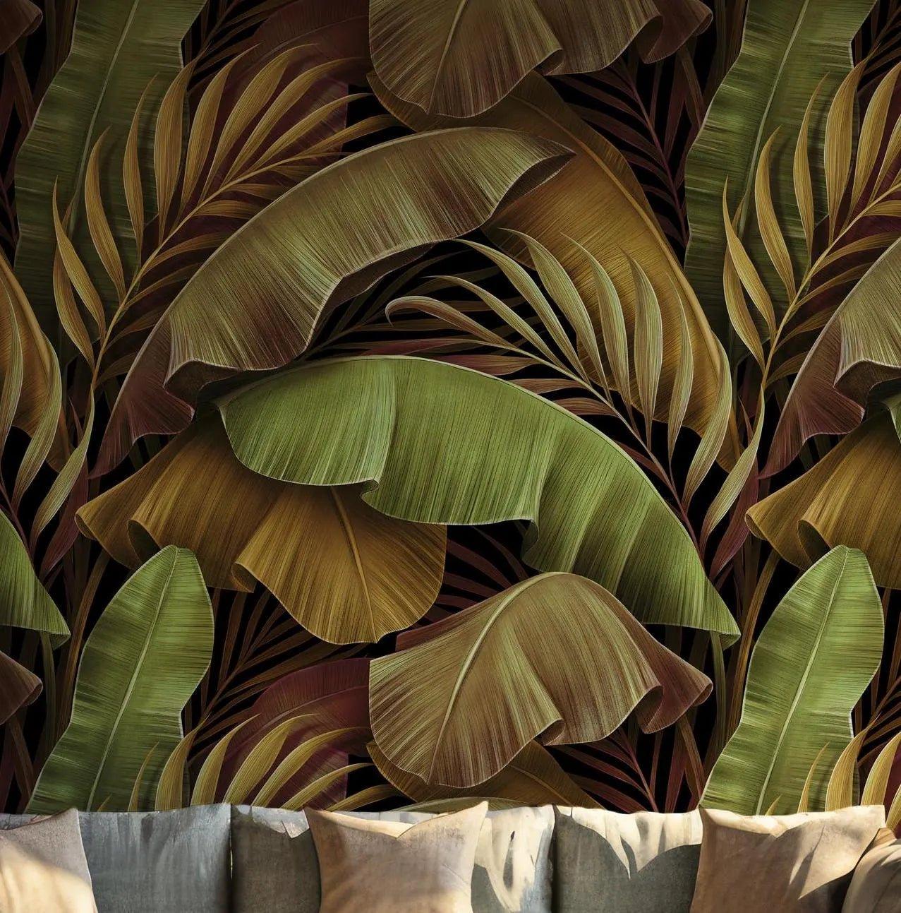 Green Jungle Wallpaper - Self Adhesive Wall Mural - Tropical Palm Banana Leaves Golden BV176