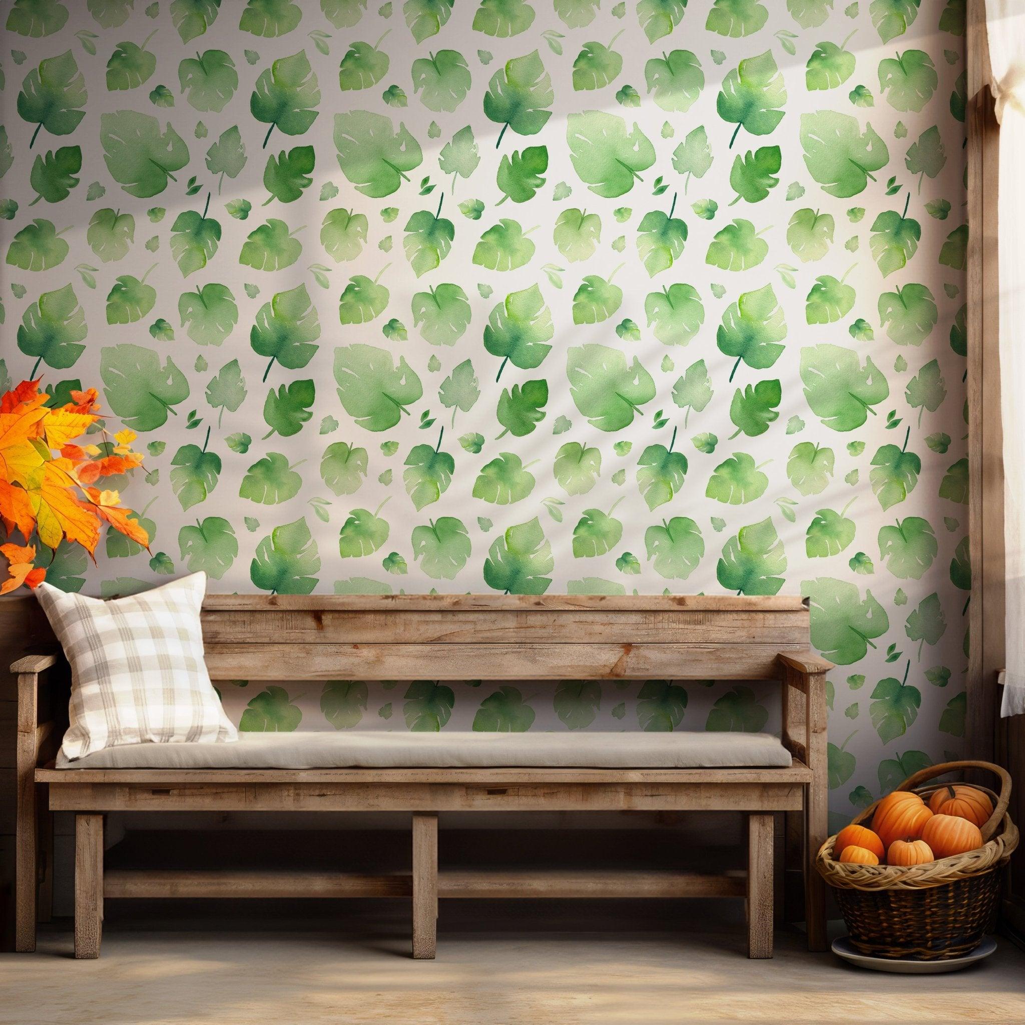 Green Leaf Eucalyptus Peel and Stick Wallpaper - Tropical Safari Floral Leaf Self Adhesive Eco Friendly Decor BV088