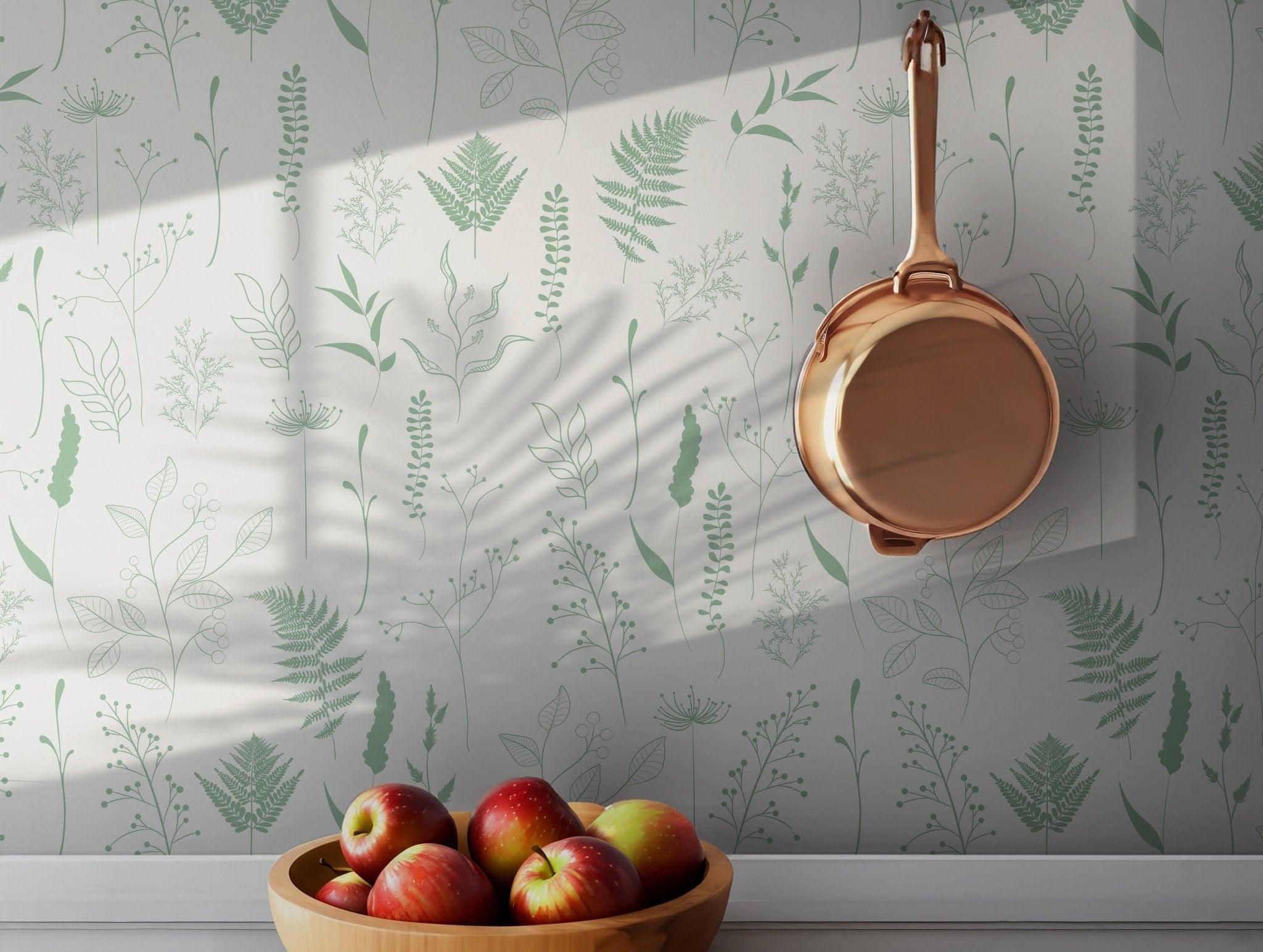 Green Leaves Minimalist Wallpaper - Self Adhesive Peel and Stick - Botanical Line Art Design BV281