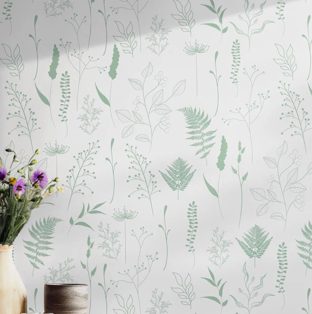 Green Leaves Minimalist Wallpaper - Self Adhesive Peel and Stick - Botanical Line Art Design BV281