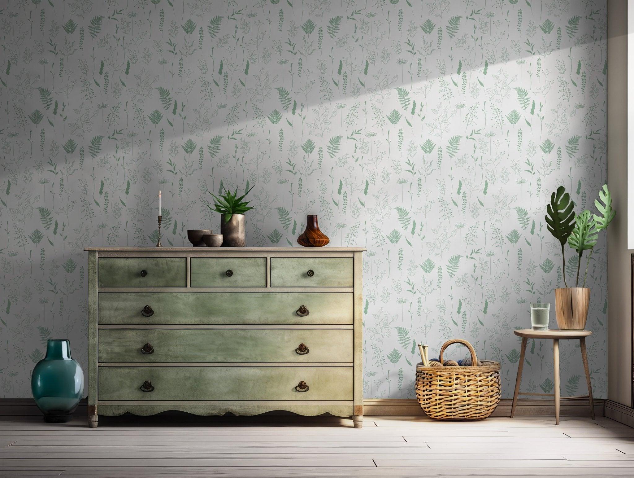 Green Leaves Minimalist Wallpaper - Self Adhesive Peel and Stick - Botanical Line Art Design BV281