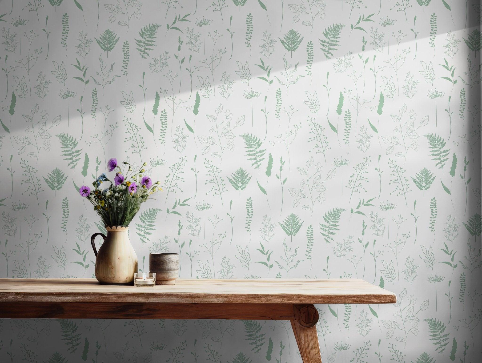 Green Leaves Minimalist Wallpaper - Self Adhesive Peel and Stick - Botanical Line Art Design BV281