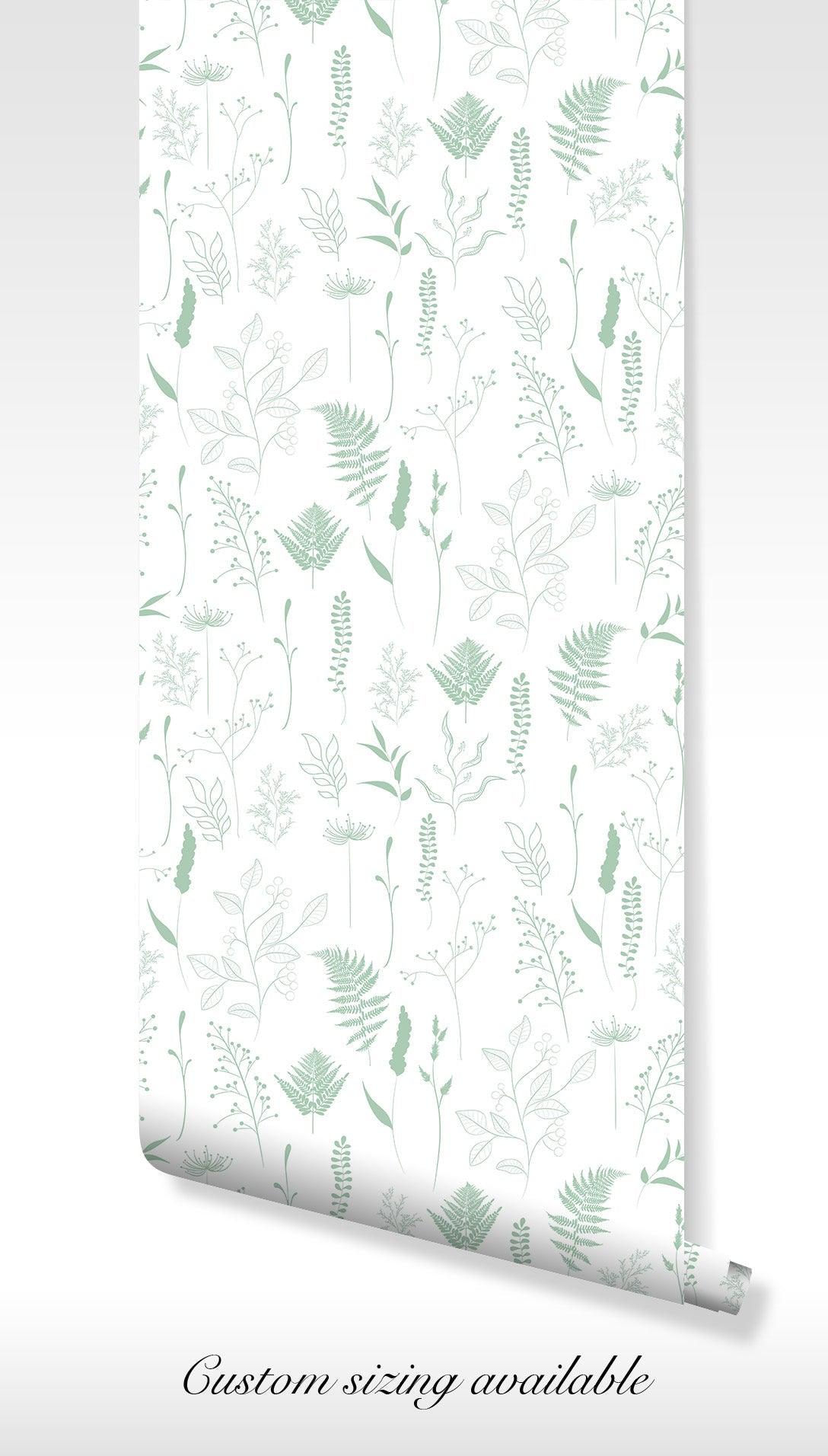 Green Leaves Minimalist Wallpaper - Self Adhesive Peel and Stick - Botanical Line Art Design BV281